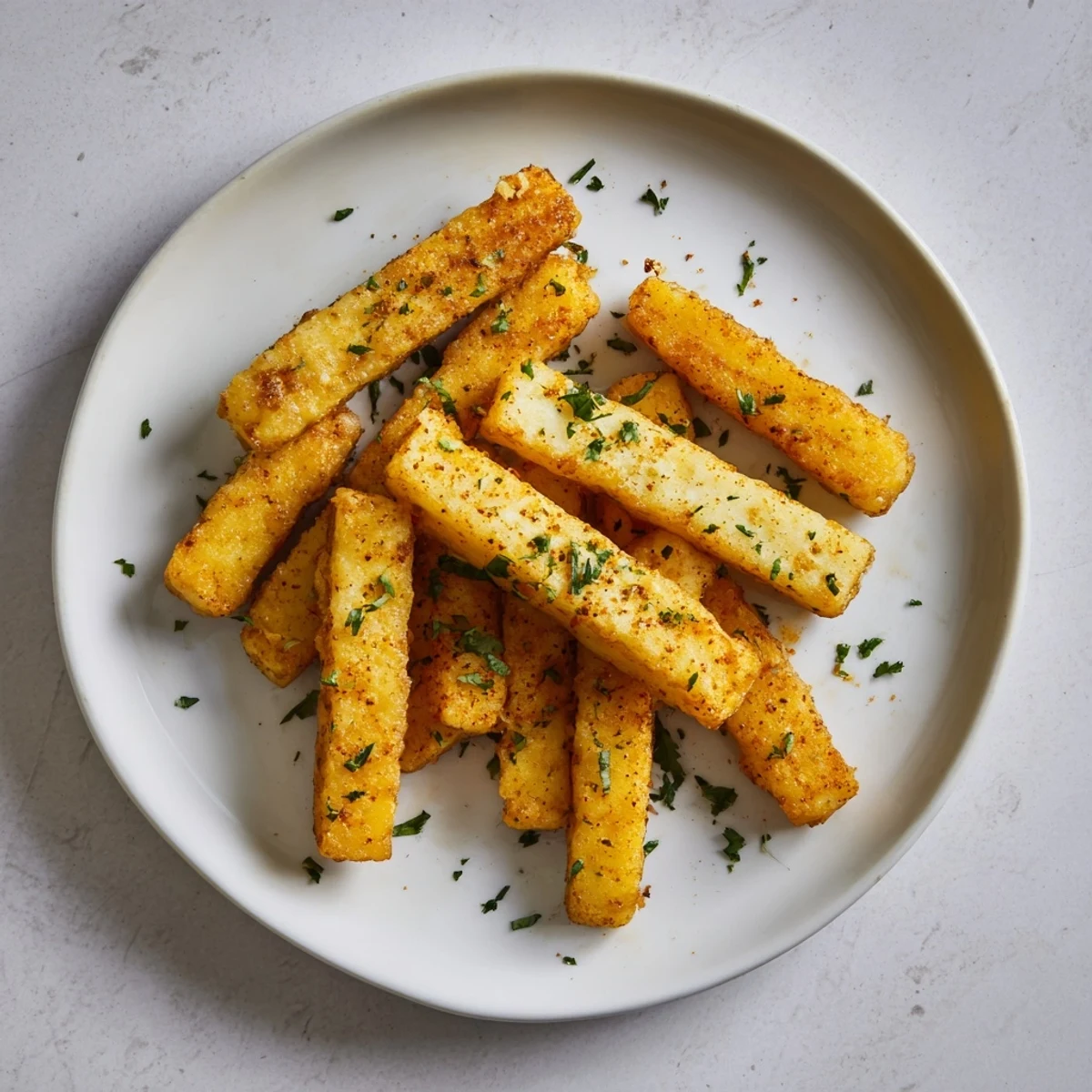 These flavorful golden halloumi fries, hot from the fryer, are served with fresh parsley and lemon.