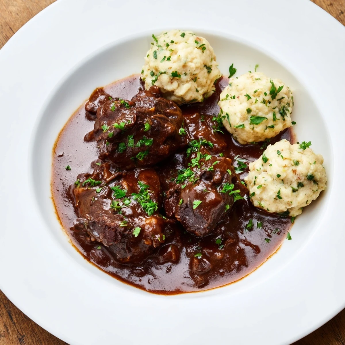 Braised beef shin with dumplings, offering tender beef and fluffy, herb-infused dumplings in savory gravy.