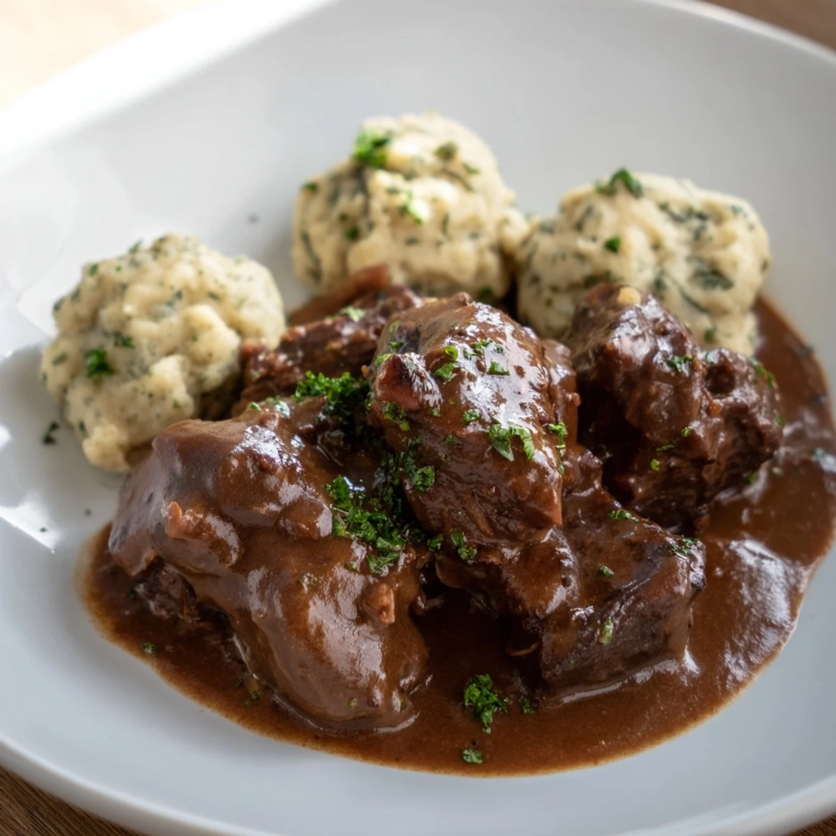 Close-up of a steaming bowl of braised beef shin with dumplings, ready to savor and enjoy.
