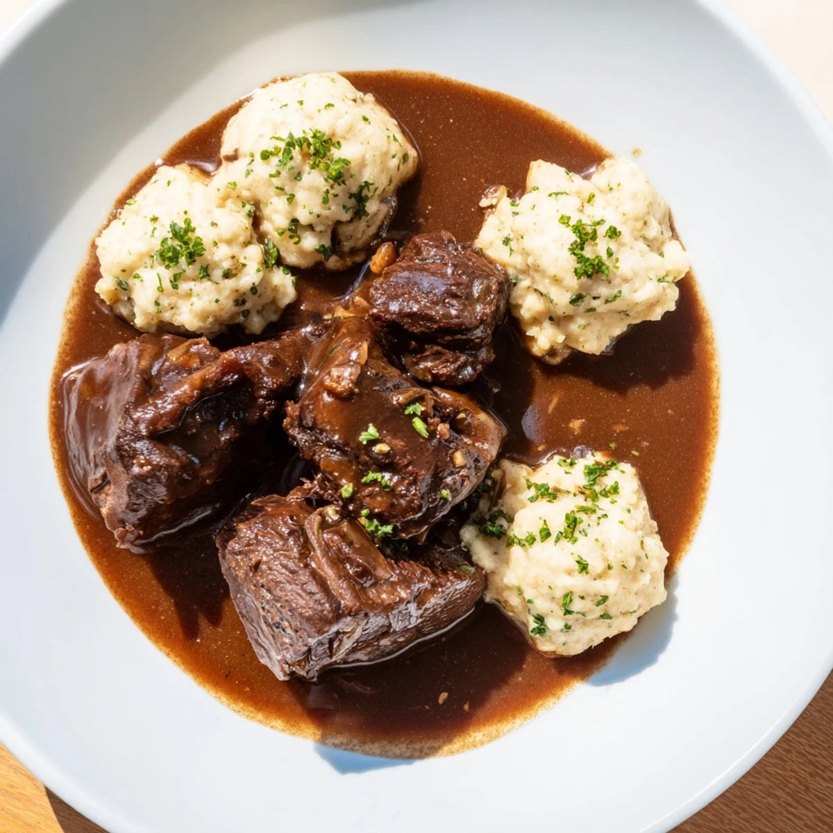 Hearty braised beef shin with dumplings, featuring succulent beef nestled within soft, golden dumplings.