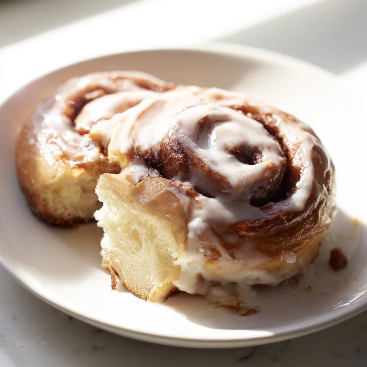 Fluffy Cinnamon Swirl Buns with a creamy glaze, tempting you with their warm, cinnamony aroma.