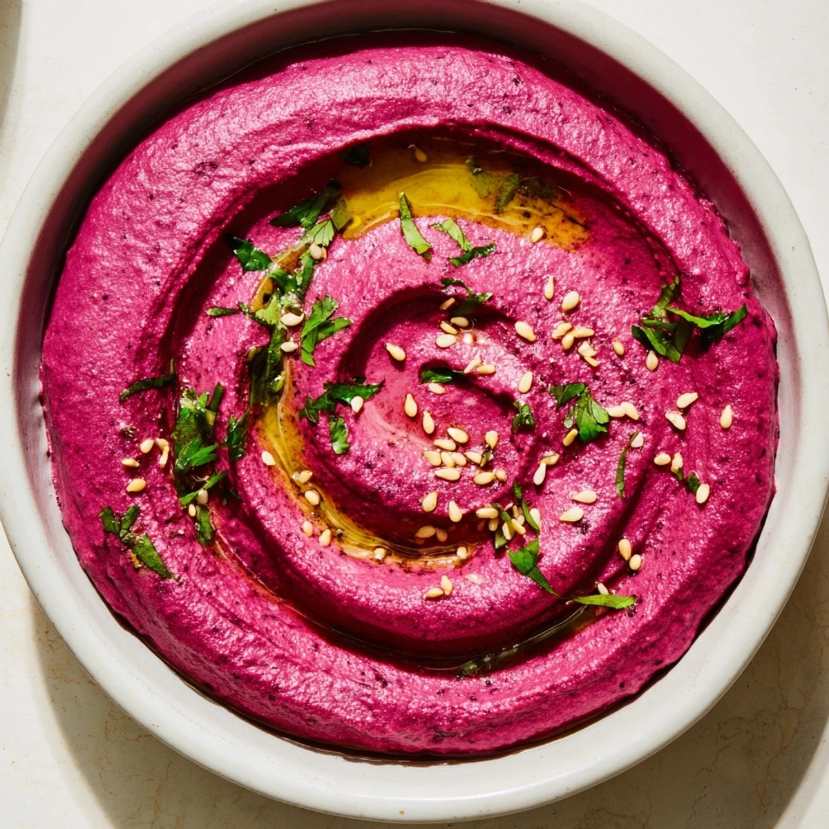 Creamy Roasted Beetroot Hummus, swirled, garnished with parsley and sesame seeds alongside pita.