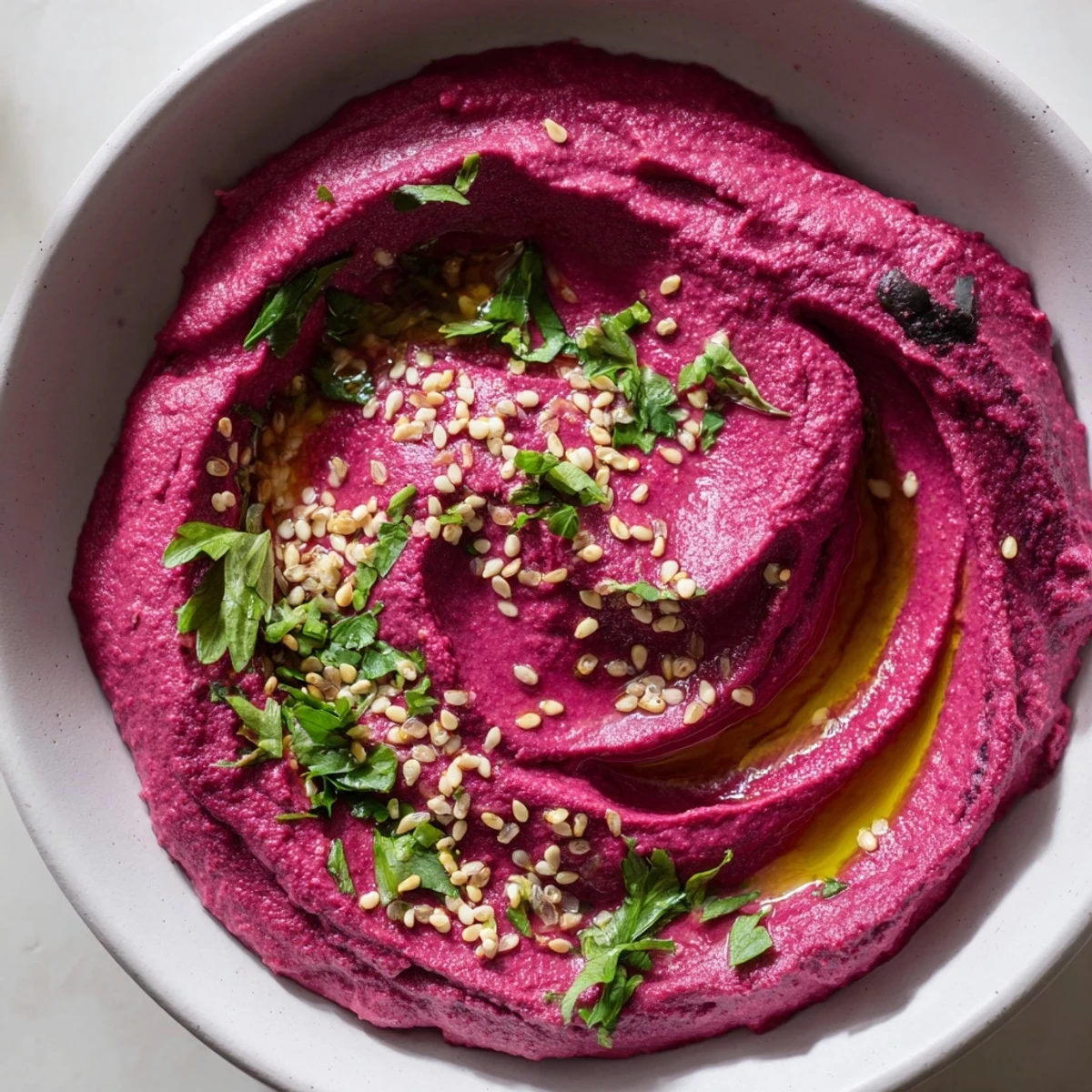 Vibrant pink Roasted Beetroot Hummus, a delicious dip or spread, ready to be enjoyed with pita.