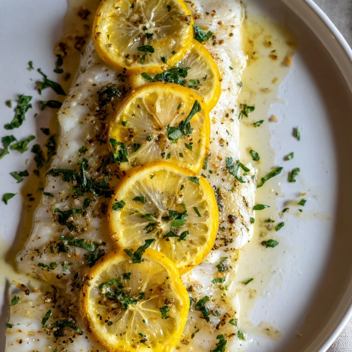 Flaky baked cod fillets glistening with lemon and herbs, ready for a delicious dinner plate.