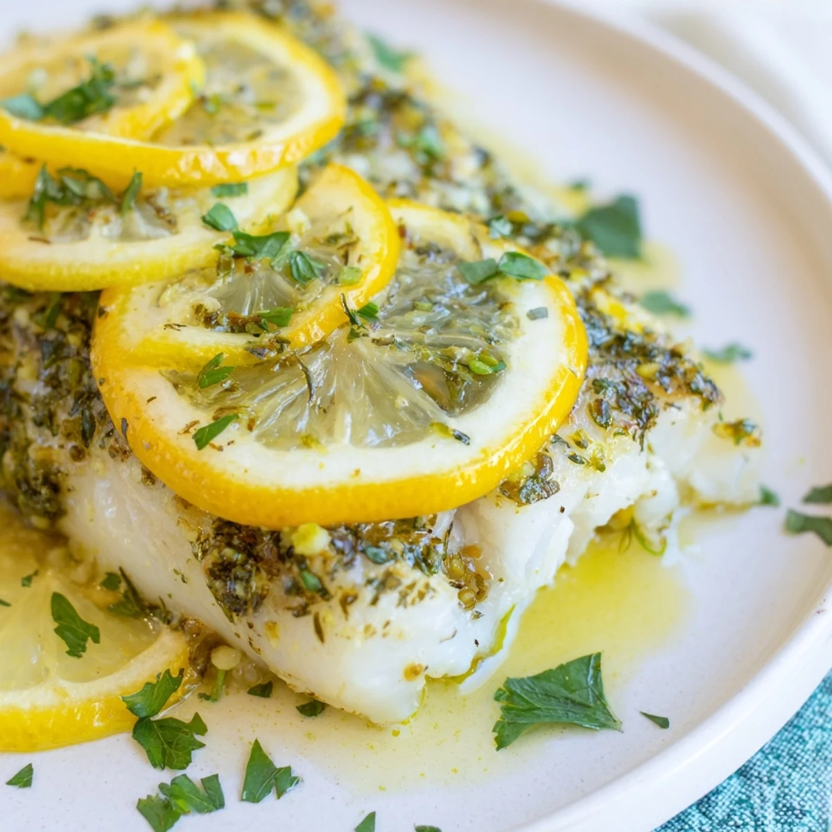 Golden baked cod, seasoned with garlic and thyme, served with bright lemon slices for zest.