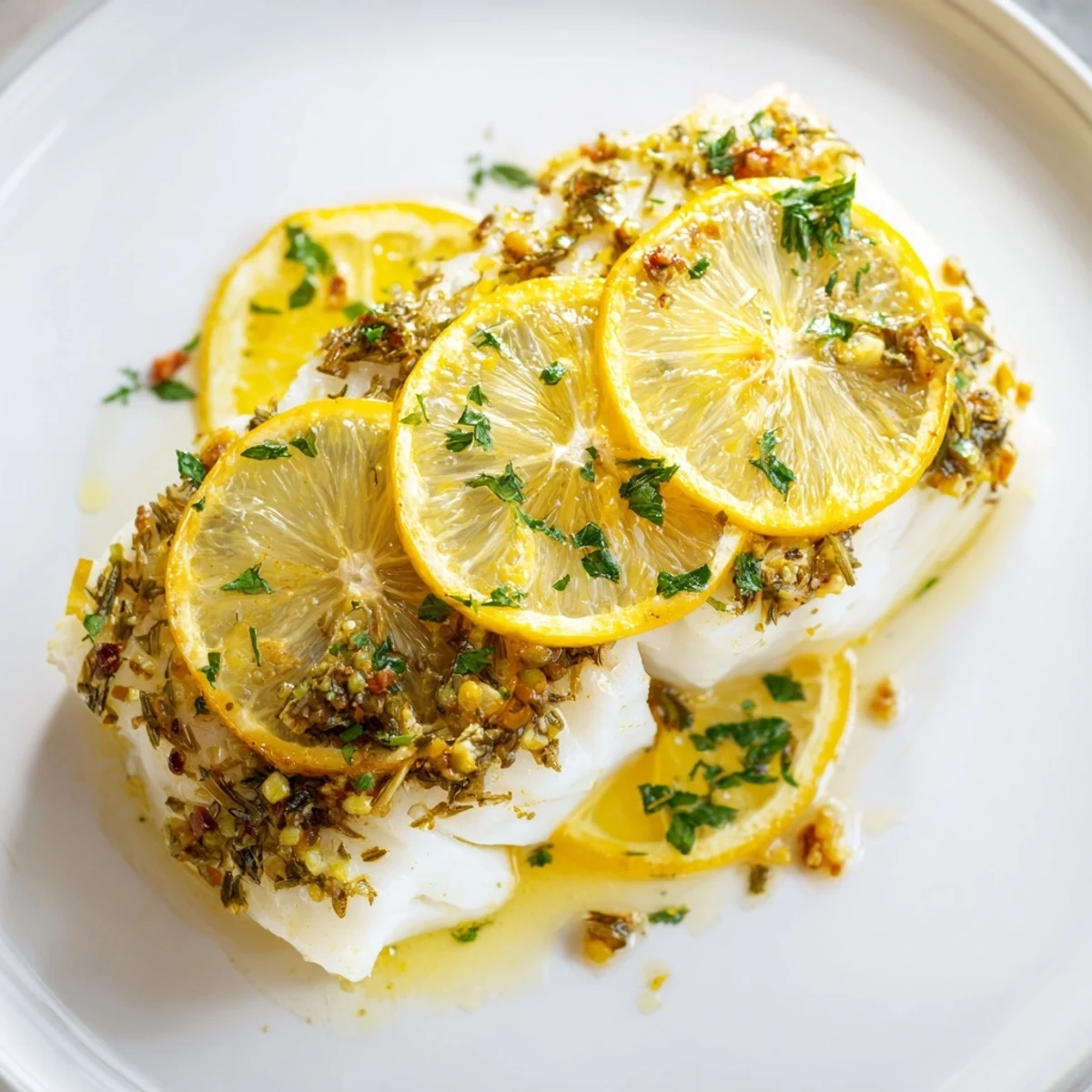 Close-up of baked cod, cooked to perfection, showcasing the tender, flavorful Mediterranean dish.