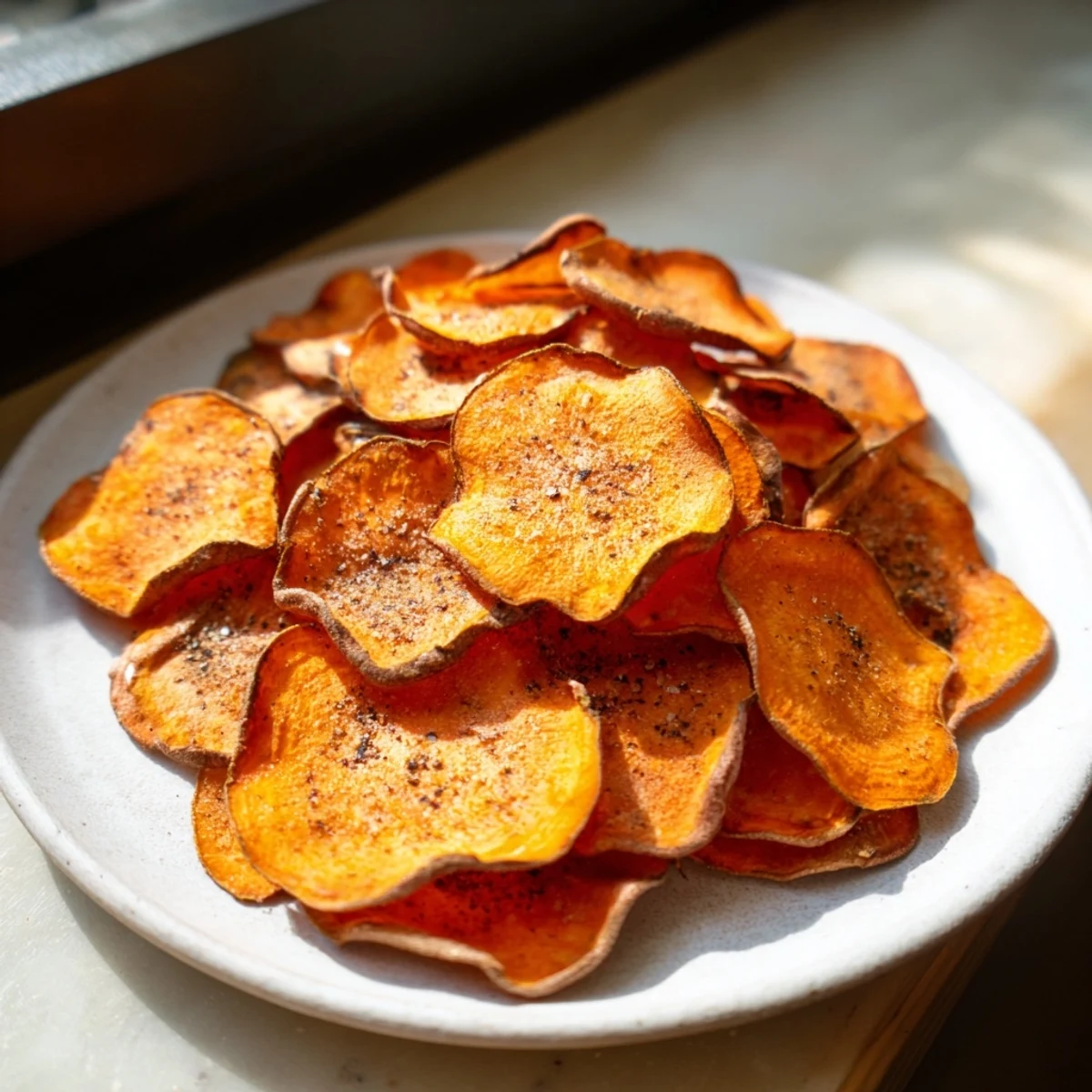 Golden, crispy Roasted Sweet Potato Chips, a perfect baked snack, piled on a parchment-lined baking sheet.