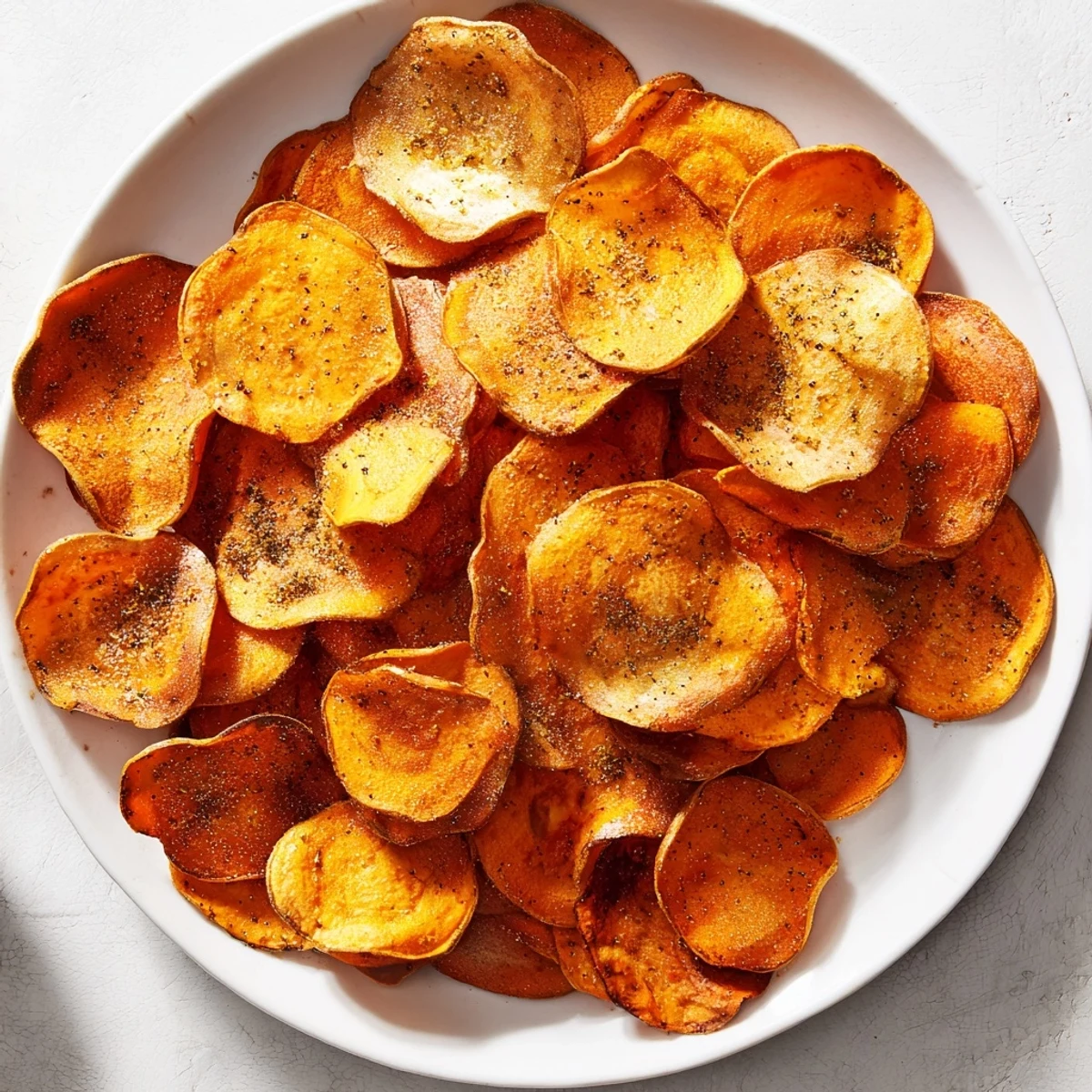 Warm, appetizing close-up of oven-baked Roasted Sweet Potato Chips, lightly browned and perfectly seasoned for snacking.