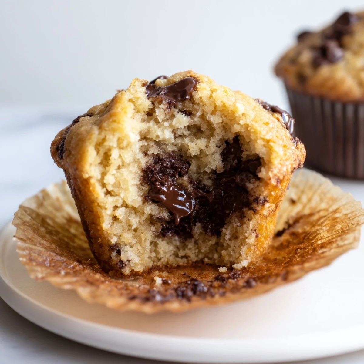 Warm, golden brown chocolate chip muffins fresh from the oven, ready to enjoy.