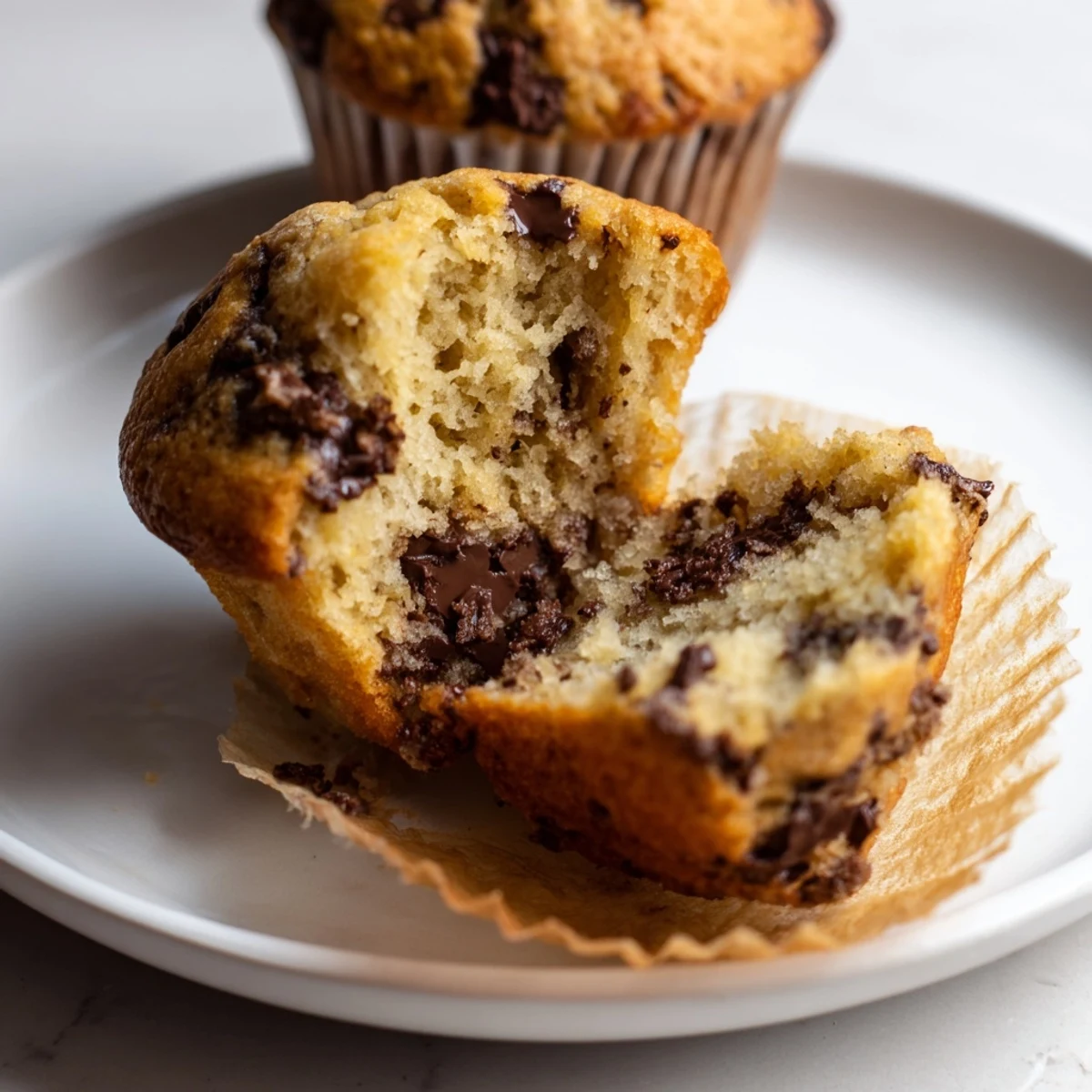 Perfectly baked chocolate chip muffins, with glistening tops and a delightful aroma of chocolate.