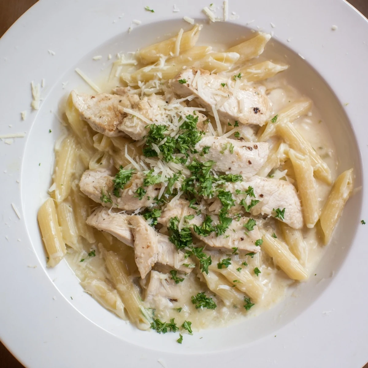 A generous serving of Creamy Chicken Pasta, glistening in a rich, creamy parmesan sauce.