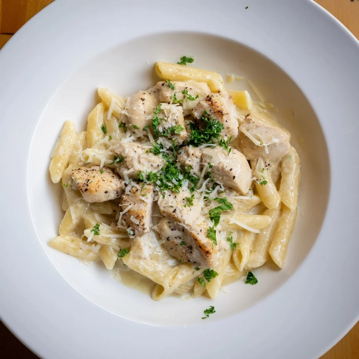 Close-up of perfectly cooked Creamy Chicken Pasta, garnished with fresh parsley and cheese.