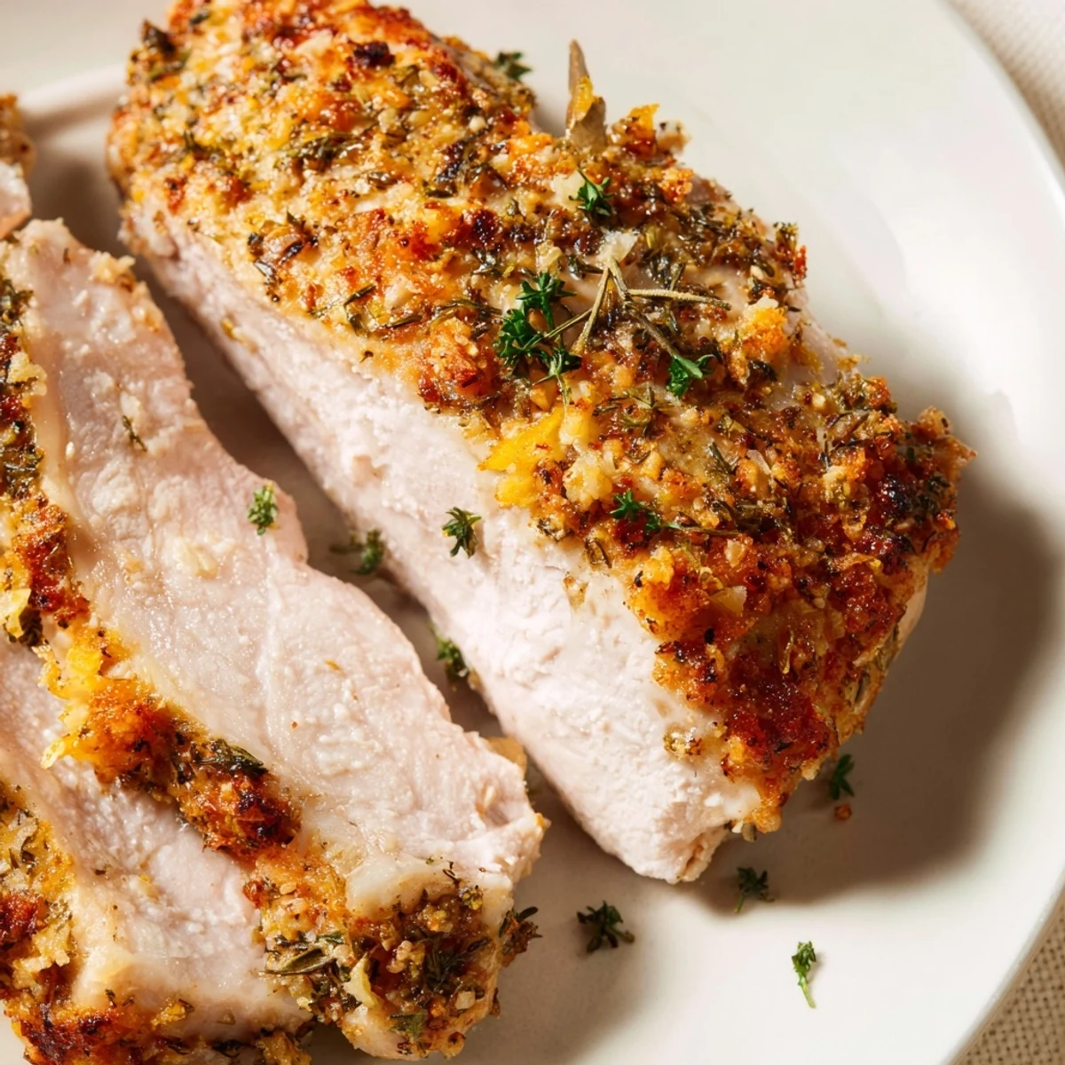 Golden, succulent roasted chicken breast, seasoned with herbs, a delicious, easy, American meal.