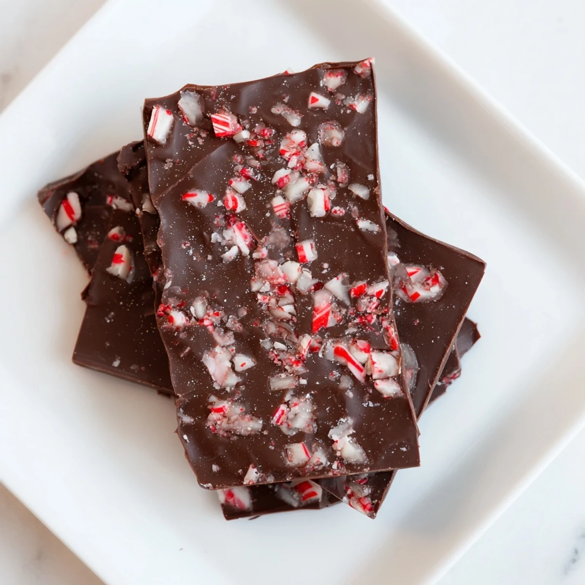 Rich, dark Peppermint Chocolate squares sprinkled with crushed peppermint, ready to enjoy.