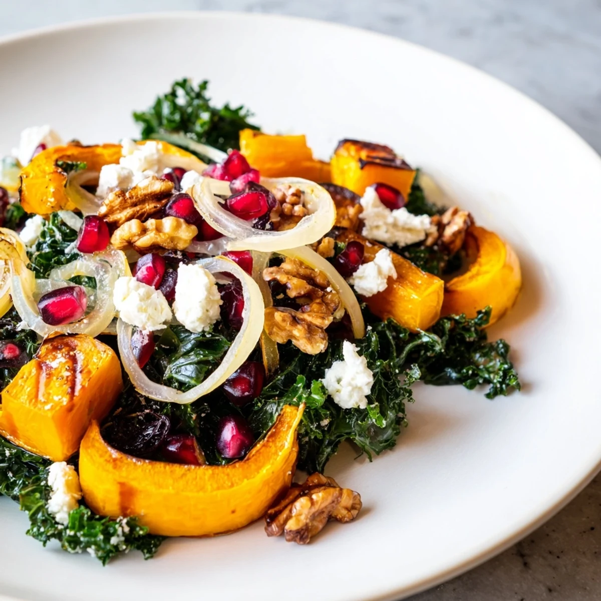 A colorful Winter Salad with roasted squash, apples and goat cheese drizzled with dressing.