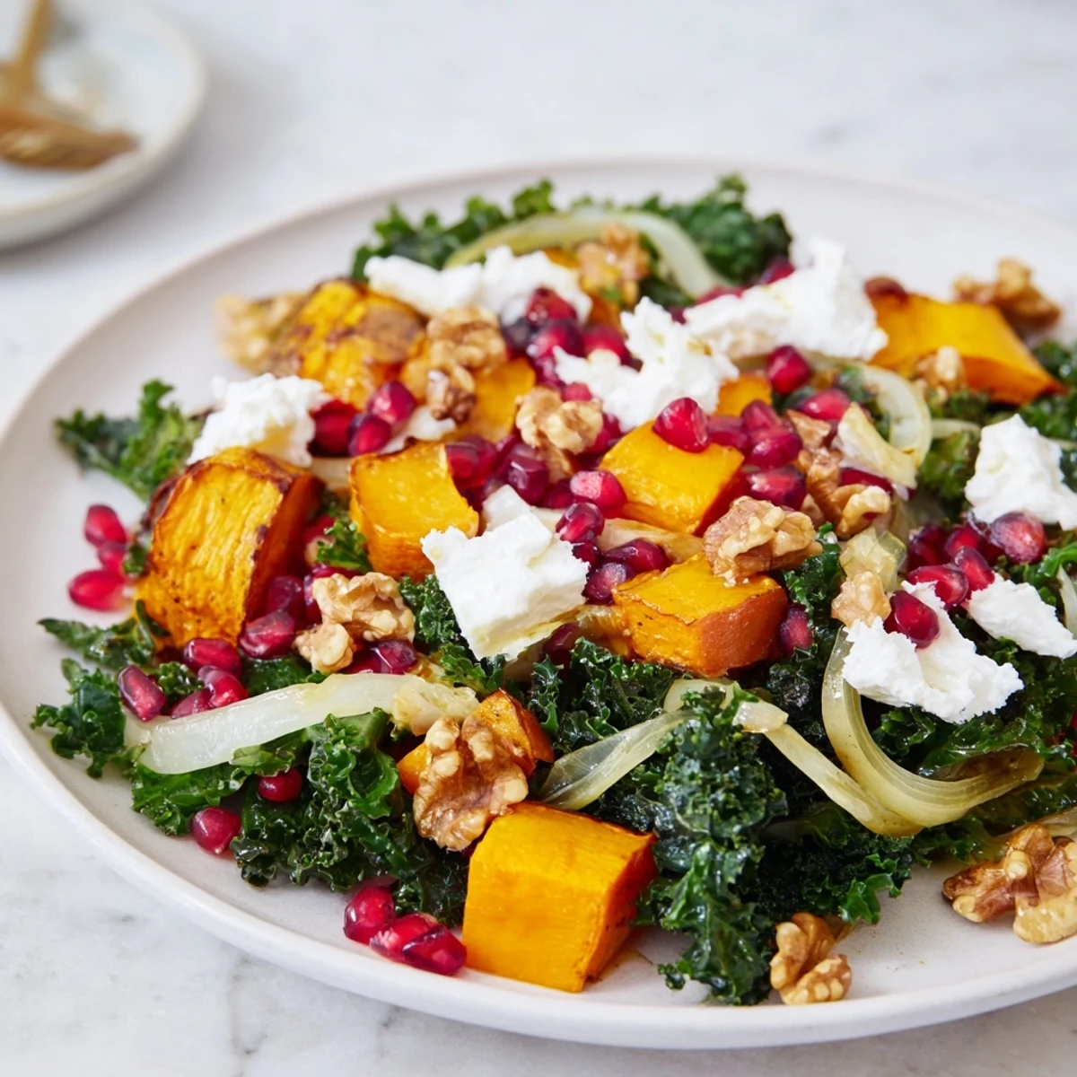 Freshly tossed Winter Salad showing vibrant greens and ruby red pomegranate seeds, ready to eat.