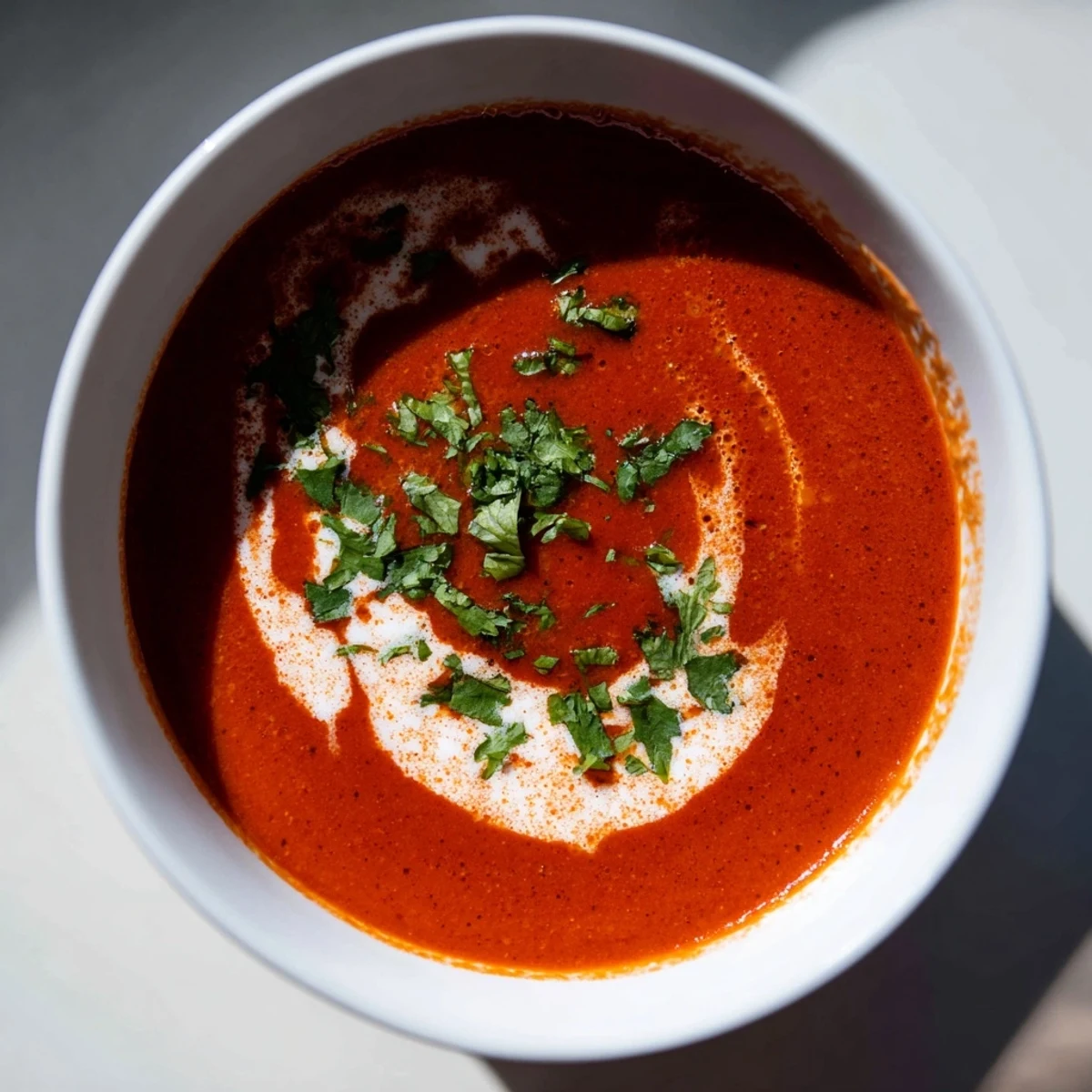 Steaming bowl of Spiced Tomato Soup garnished with herbs, ready for a warm meal.