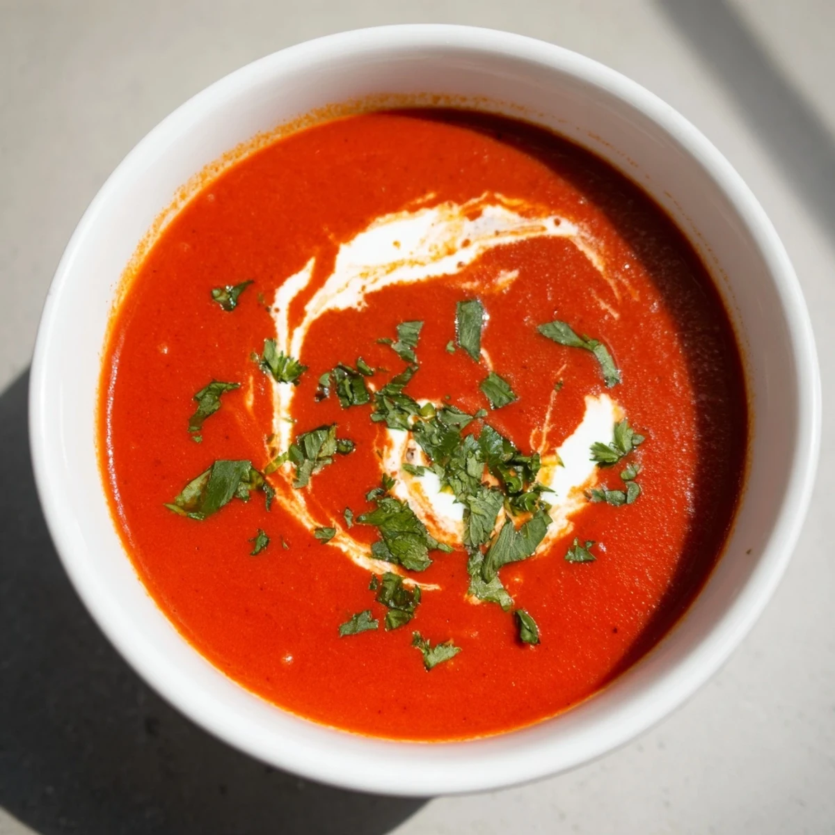 Flavorful Spiced Tomato Soup with vibrant red color, perfect for a cozy vegetarian dinner.