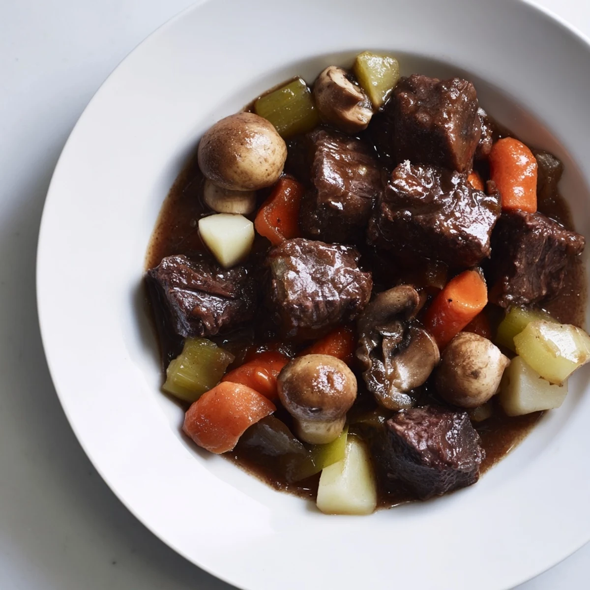 Fork-tender braised beef stew, steaming hot with root vegetables and savory, rich sauce.