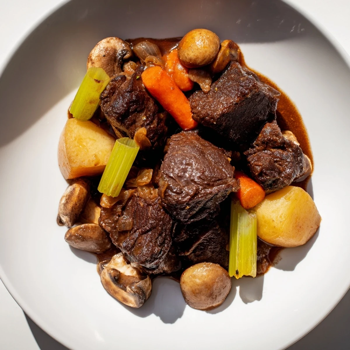 A close-up of a rustic bowl filled with generous portions of braised beef stew.