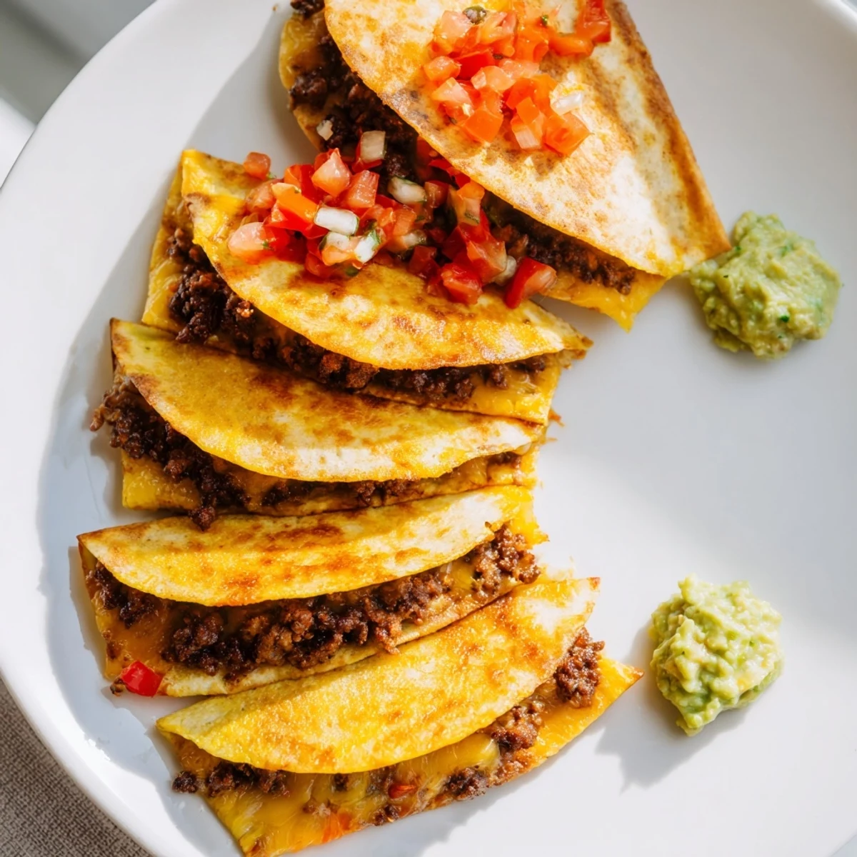 Warm, melty cheese oozing from crispy Beef Quesadillas, ready to be dipped into fresh, vibrant salsa.