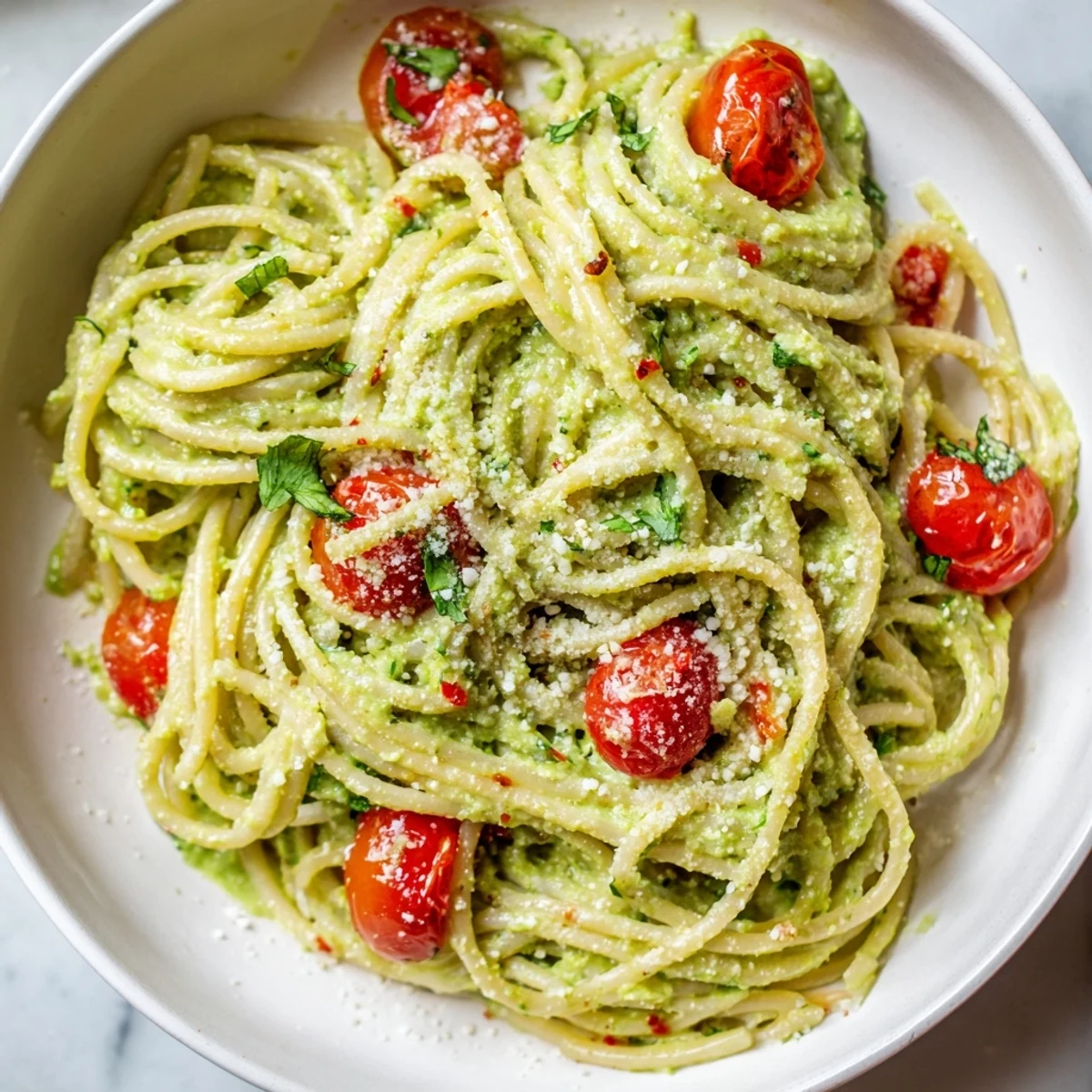 Vibrant image of Avocado Lime Pasta: creamy sauce coating pasta with juicy cherry tomatoes.