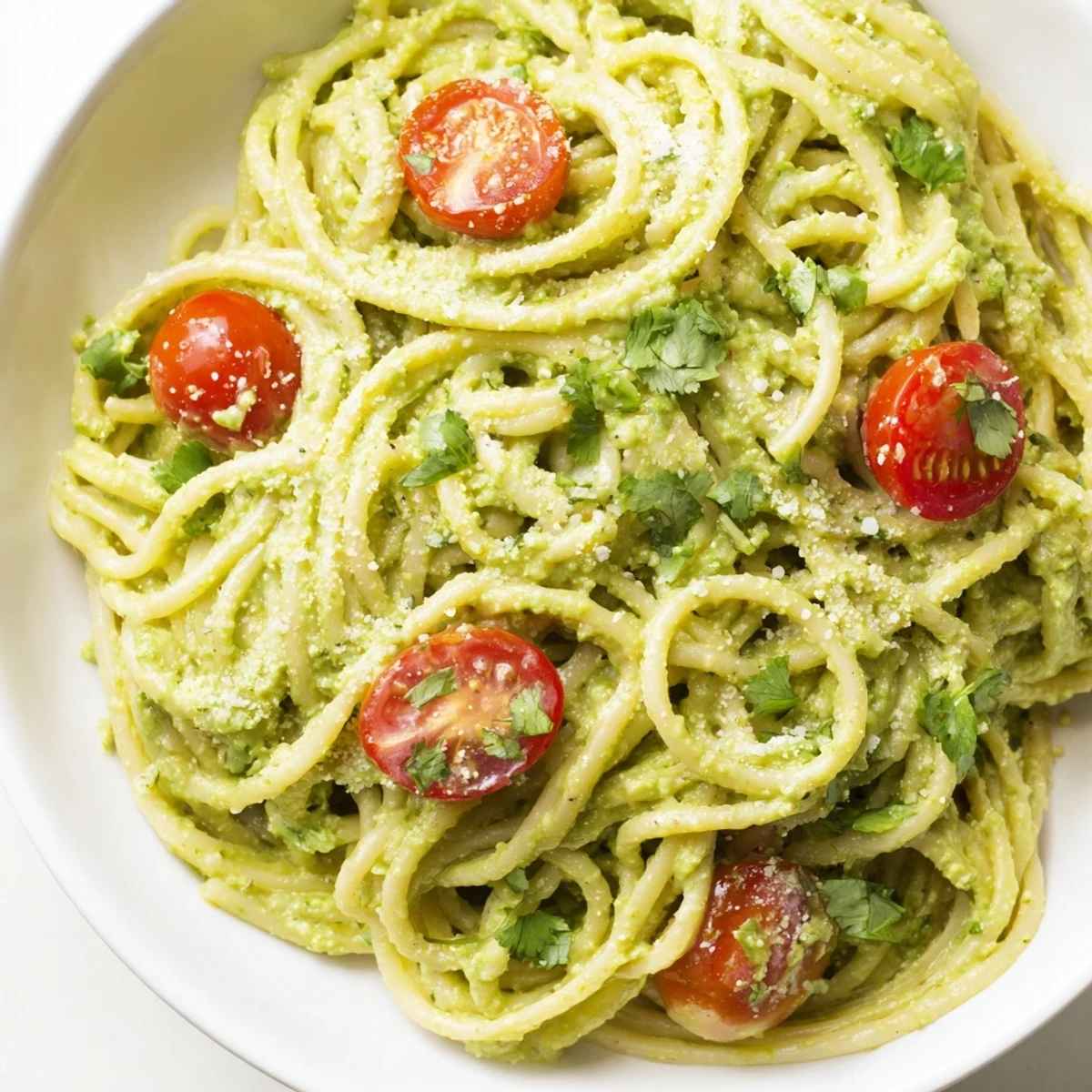 Freshly tossed Avocado Lime Pasta, a vegetarian delight, topped with Parmesan and cilantro.
