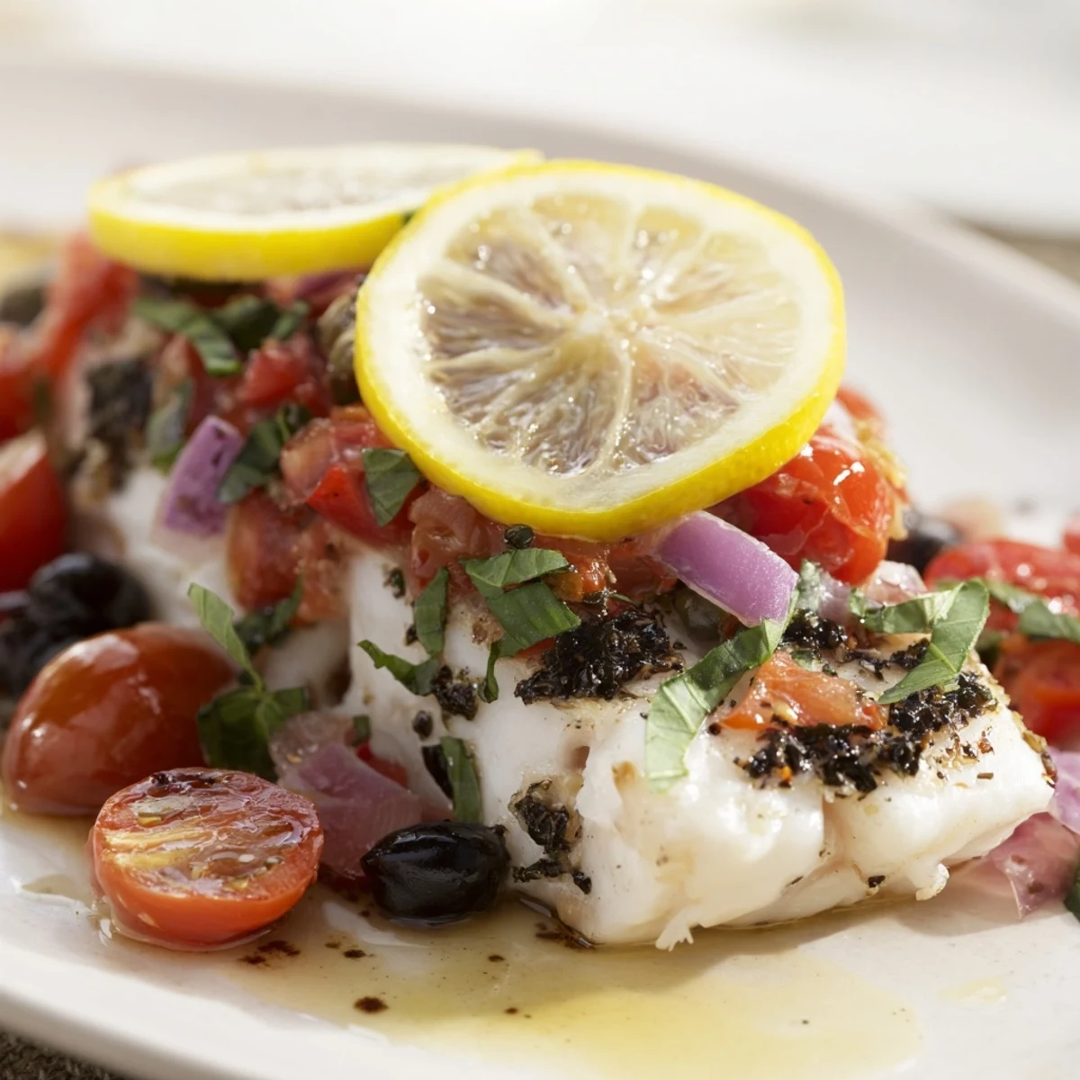Bright red cherry tomatoes top a plate of flavorful Baked Halibut with Tomato and Basil Relish.