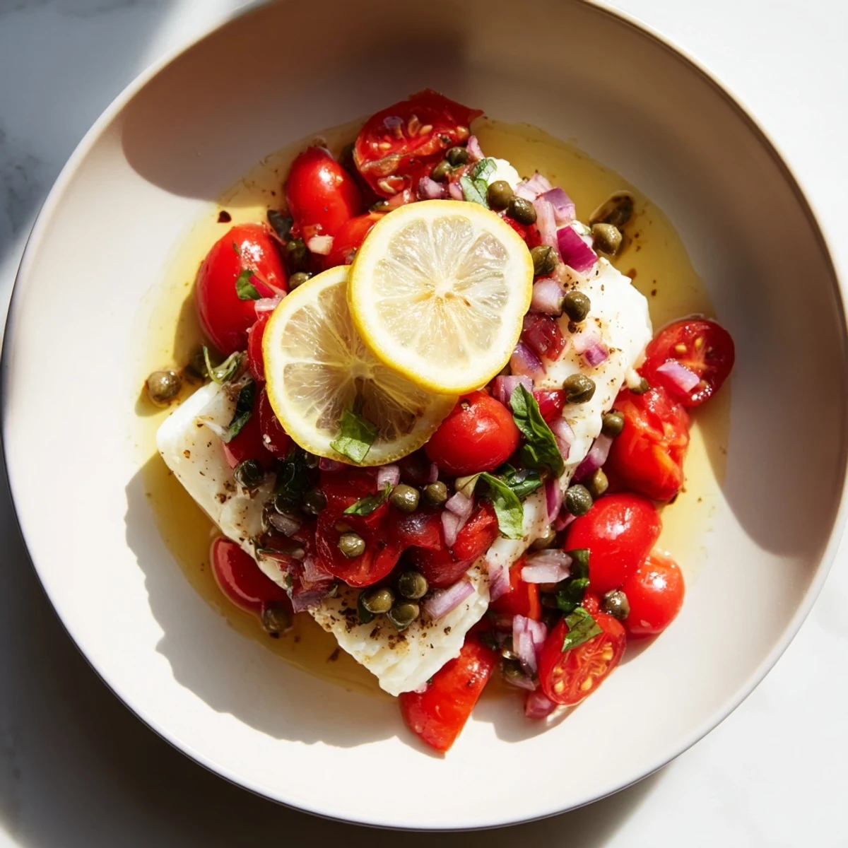 Flaky Baked Halibut with Tomato and Basil Relish, served warm, garnished with fresh basil.