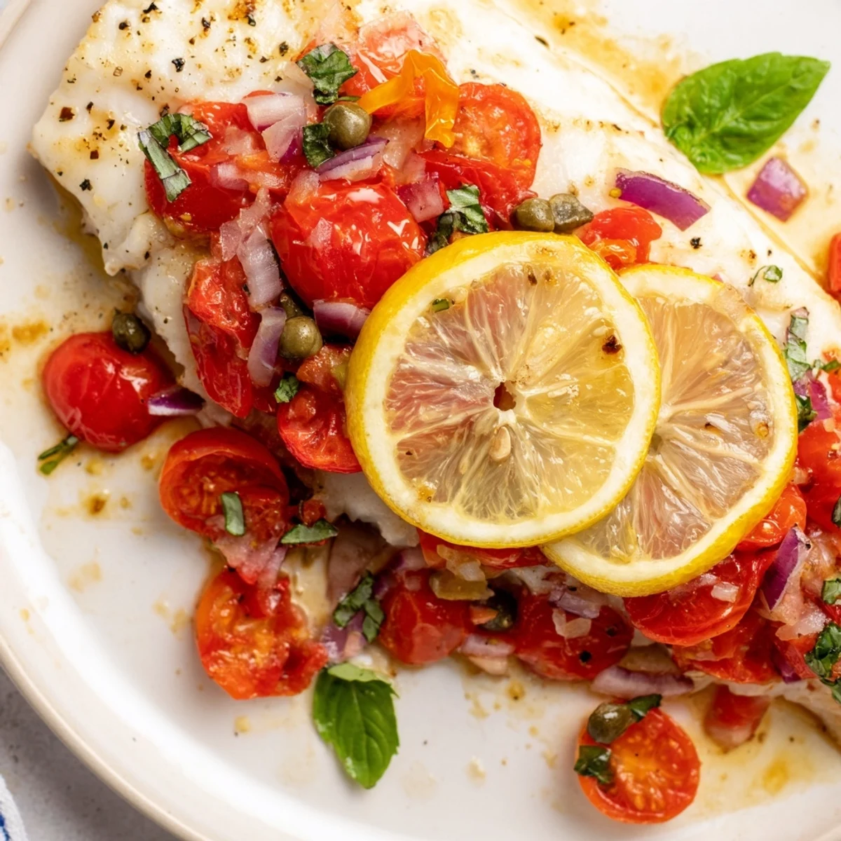 A close-up of oven-baked, golden Baked Halibut with Tomato and Basil Relish, ready to serve.