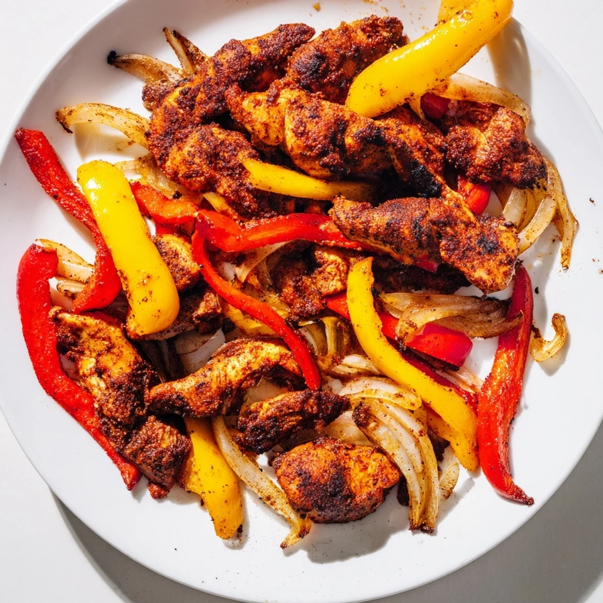 Sheet Pan Chicken Fajitas with golden-brown chicken and vegetables, ready to be wrapped in a warm tortilla.