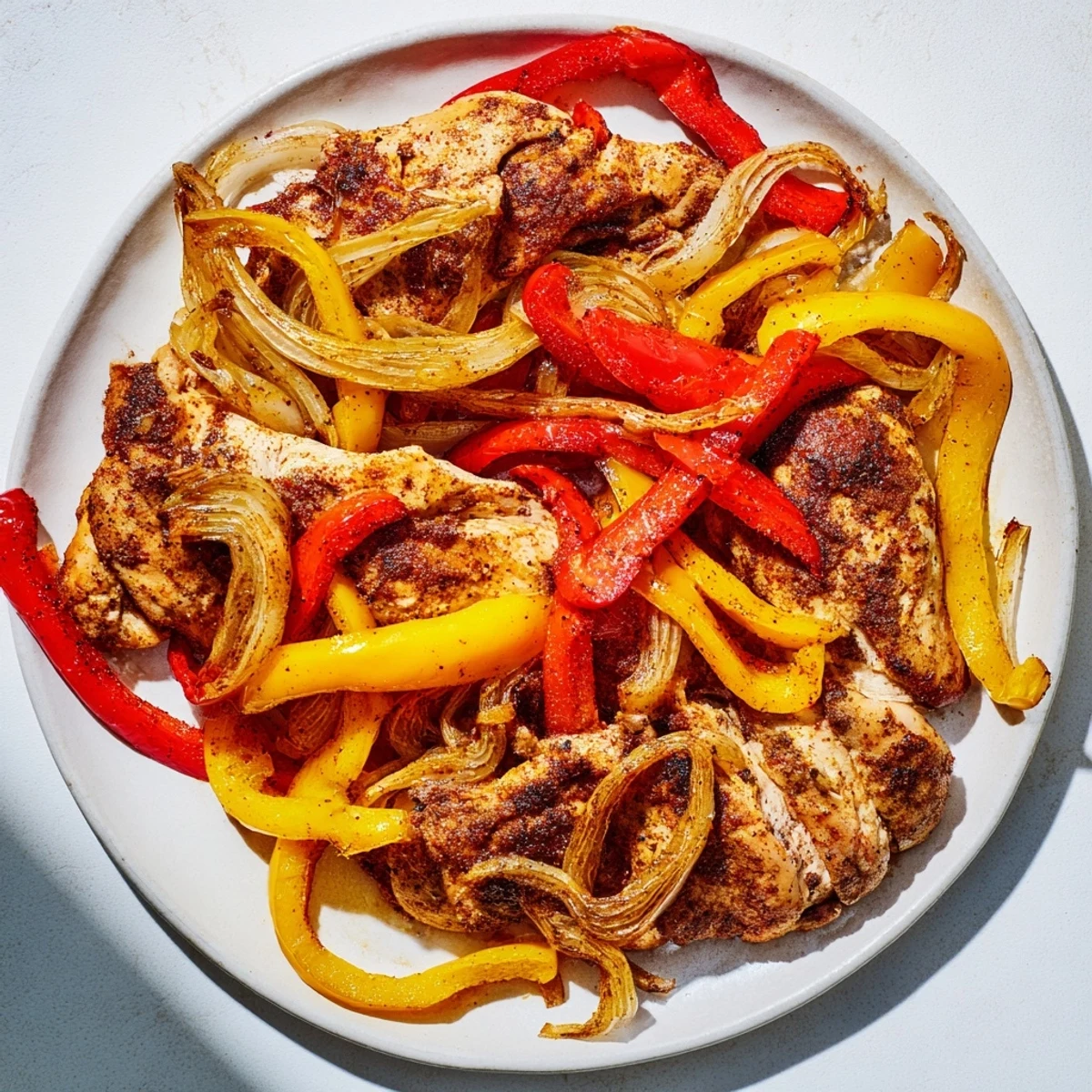 These vibrant Sheet Pan Chicken Fajitas feature tender chicken strips and colorful roasted bell peppers.