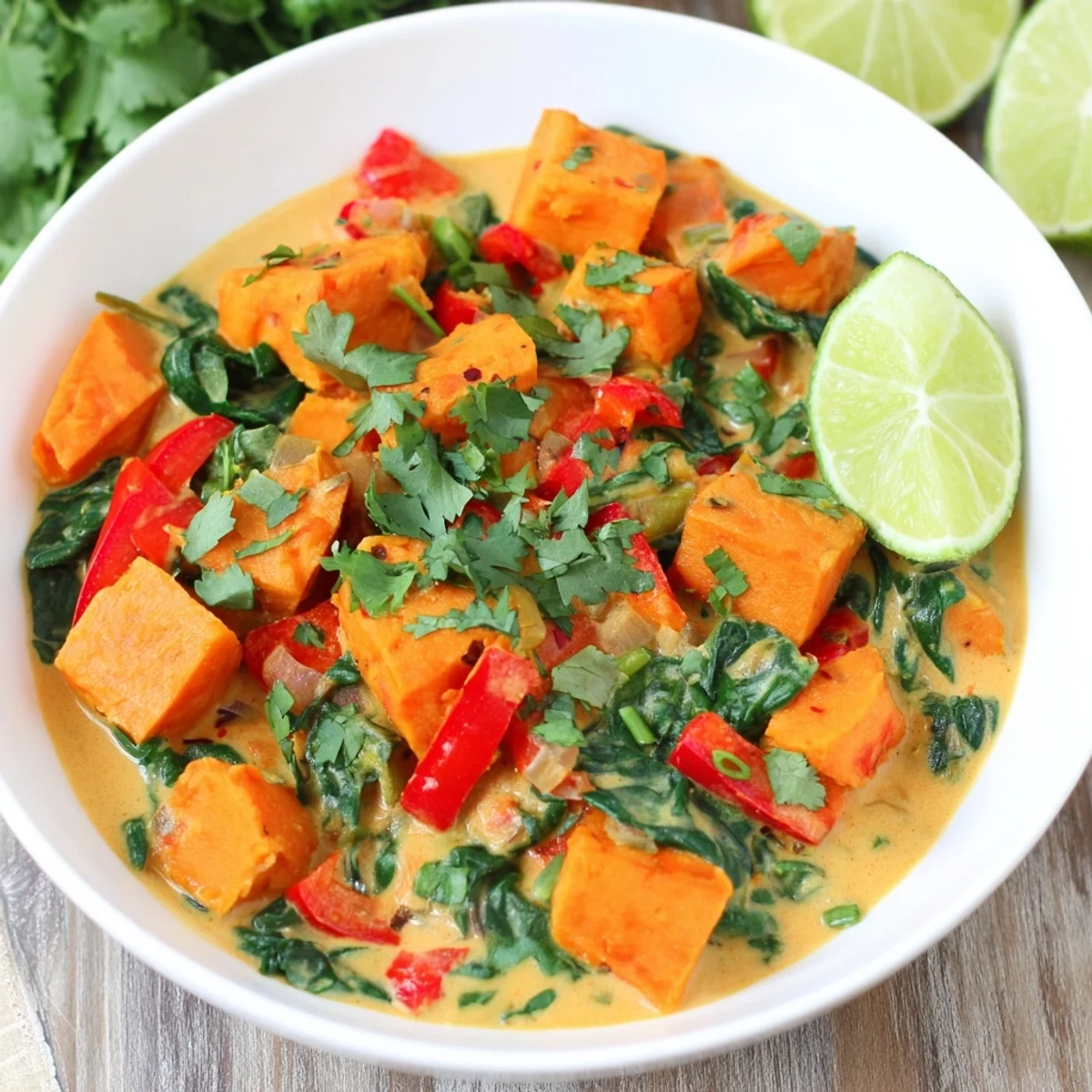 Steaming Vegan Sweet Potato Curry with Spinach, garnished with fresh cilantro and a bright lime wedge.