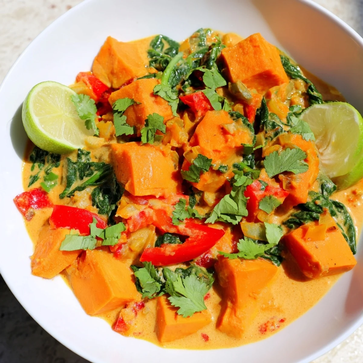 A close-up of a flavorful Vegan Sweet Potato Curry with Spinach, ready to serve with fluffy white rice.