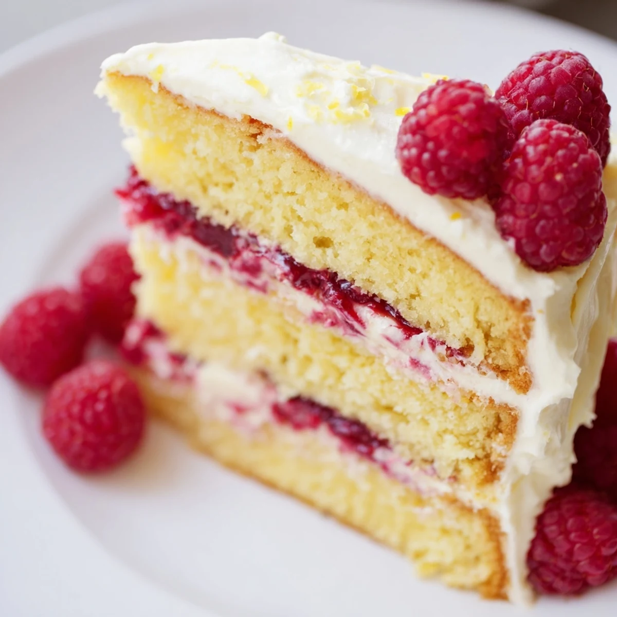 Moist layers of lemon raspberry cake with frosting, adorned with fresh, juicy raspberries.