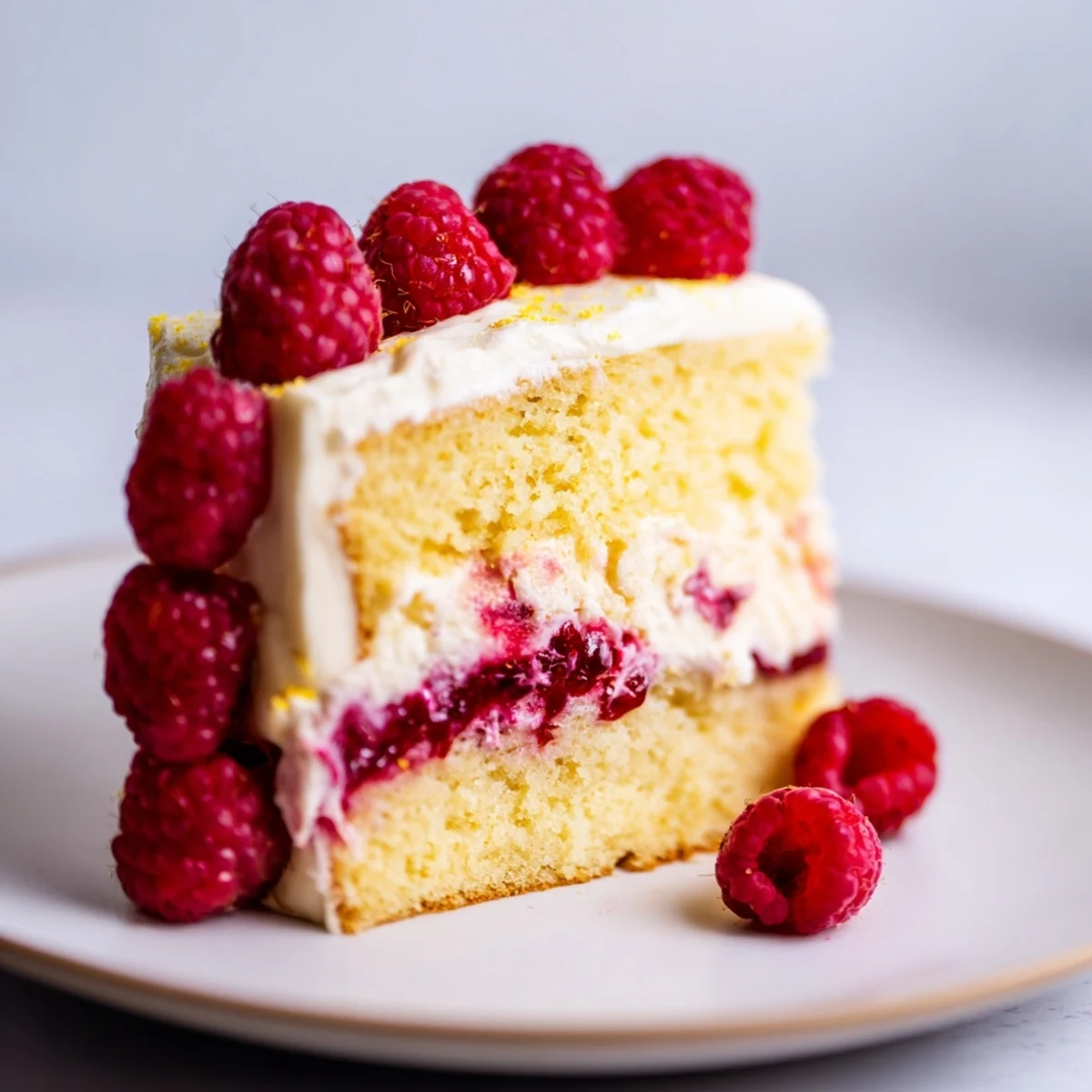 A slice of vibrant lemon raspberry layer cake with fluffy cream cheese frosting, ready to eat.