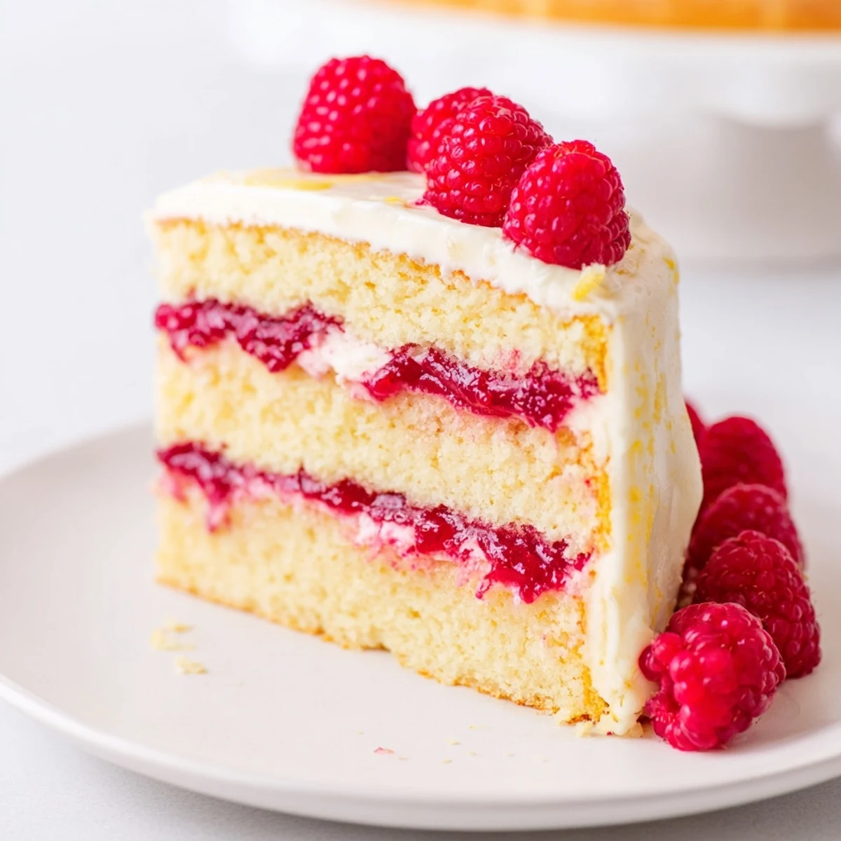 Close-up of a delightful lemon raspberry cake, showing layers and a thick, sweet frosting.