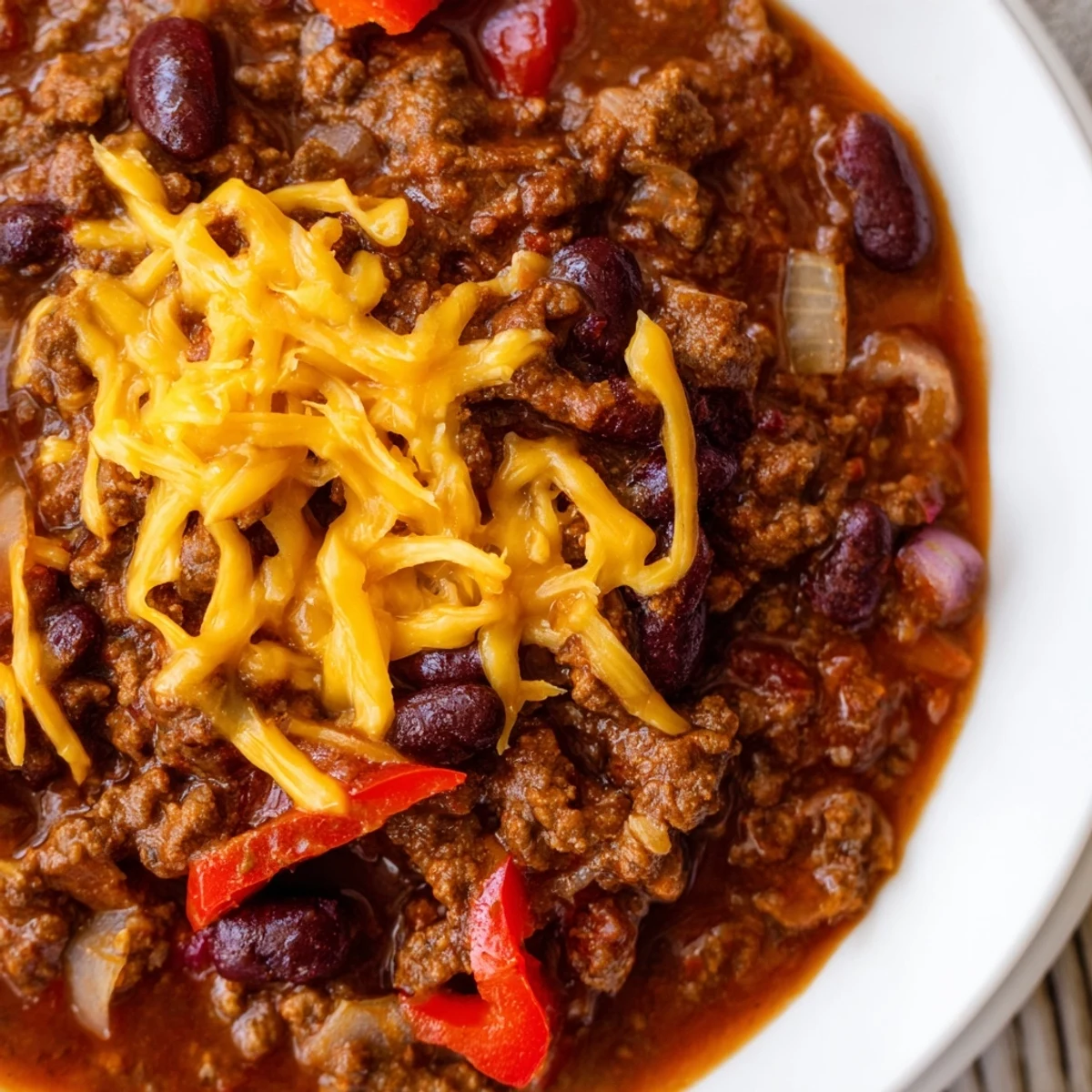 Hot beef and bean chili, topped with melted cheddar cheese, steams invitingly in a bowl.