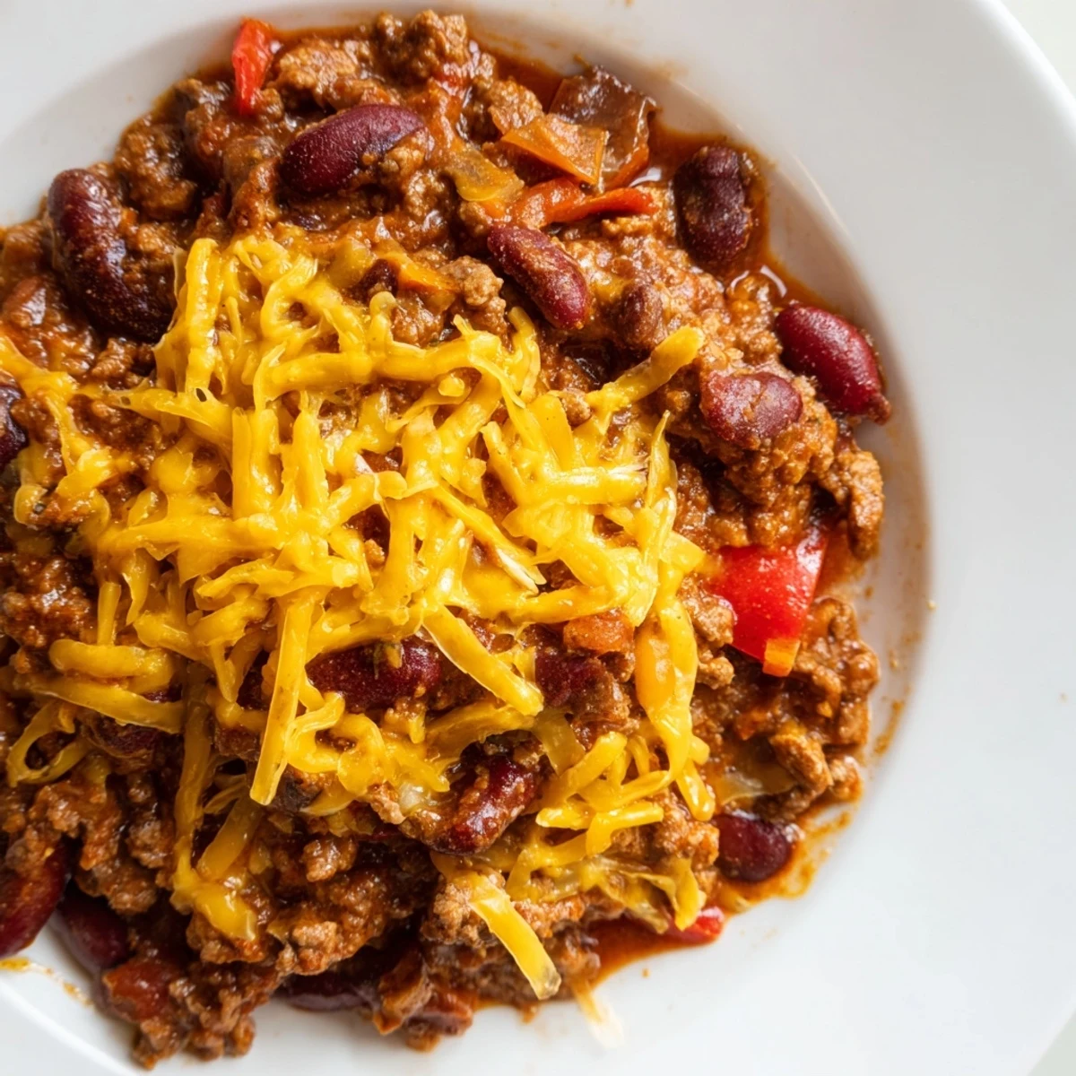A close-up of hearty beef and bean chili, rich with spices, and a generous cheese topping.