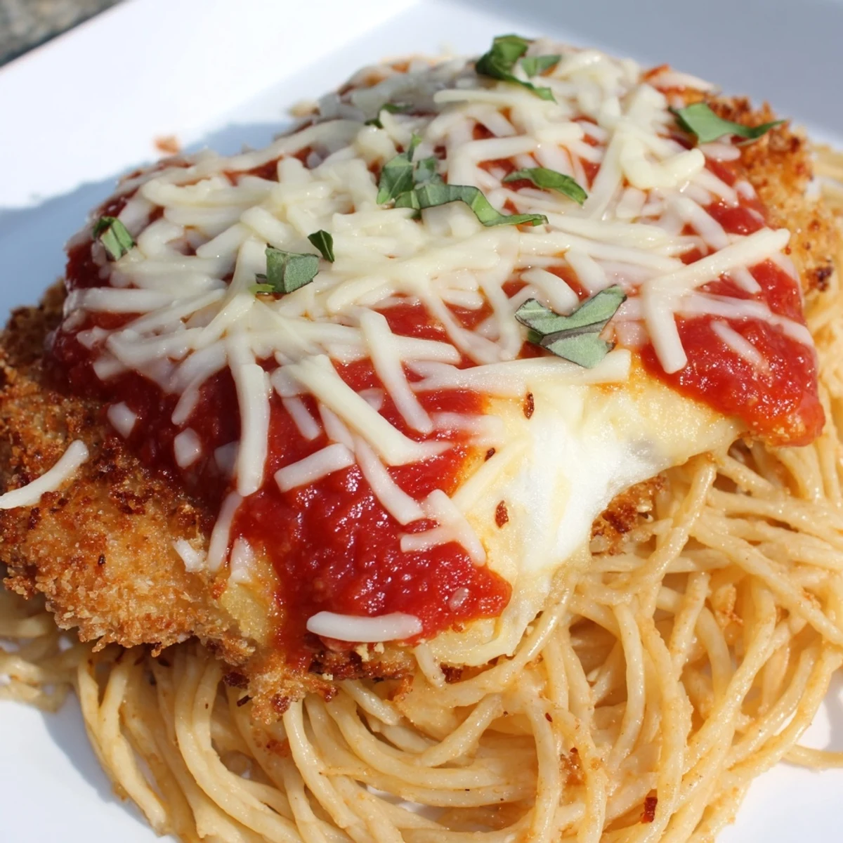 Chicken Parmesan over spaghetti, a warm dish, with golden-brown chicken and bubbling cheese.
