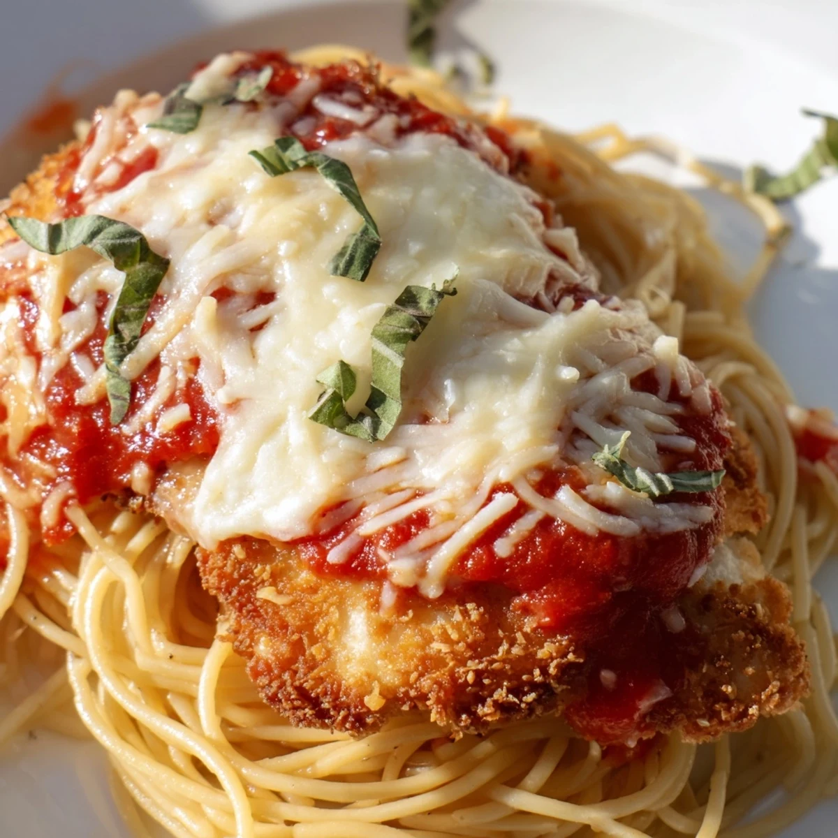 Enjoy the inviting Chicken Parmesan served atop spaghetti, a classic Italian-American comfort food feast.