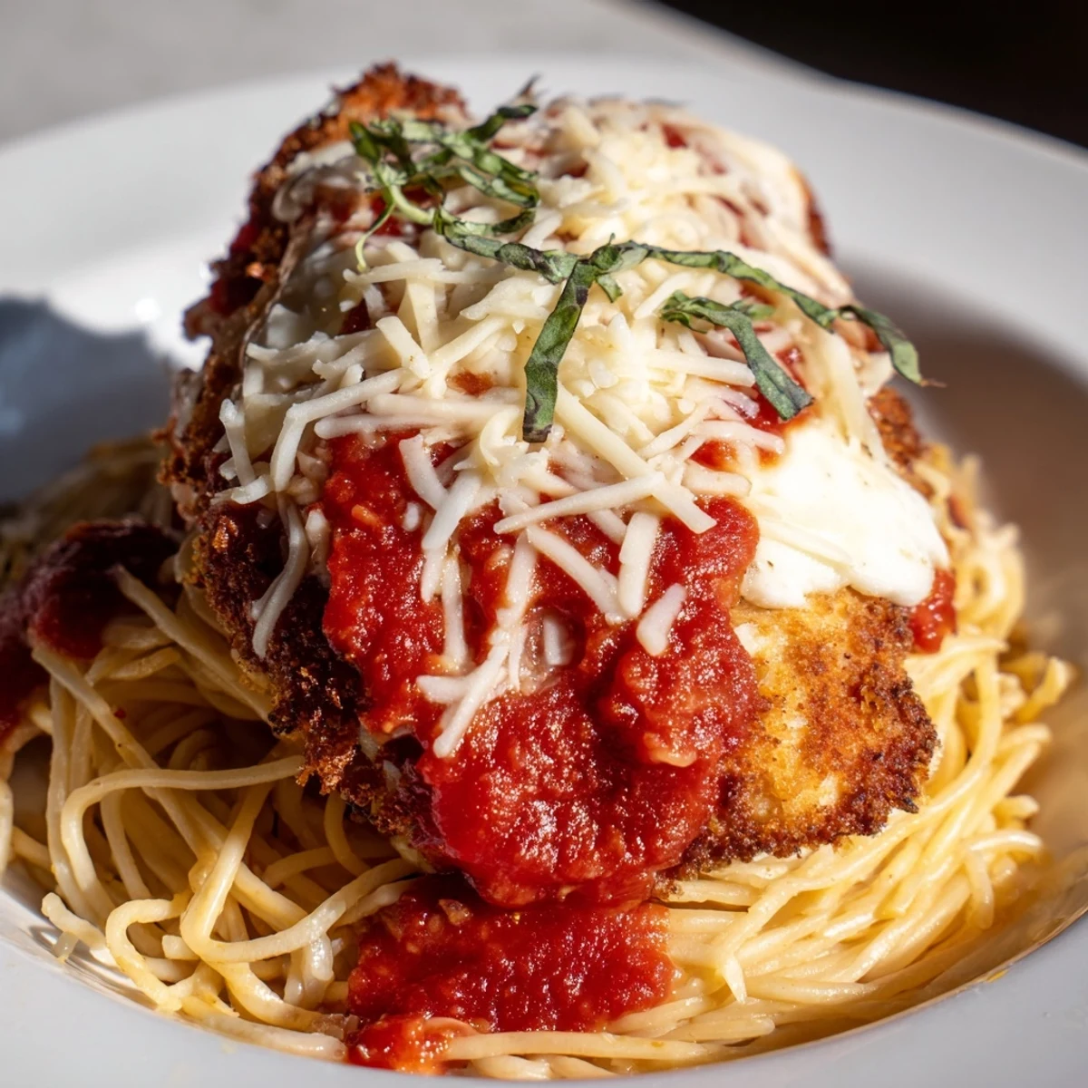 This Chicken Parmesan recipe showcases crispy chicken, marinara, and melted mozzarella over spaghetti.