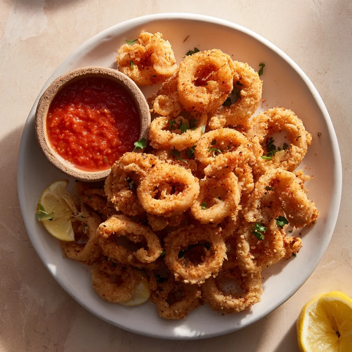 Golden and crispy calamari rings, a delightful appetizer, ready for dipping in marinara!