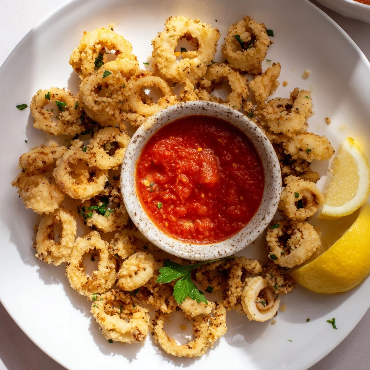 Close-up of crispy calamari, perfectly fried and plated with vibrant marinara sauce, Italian favorite.