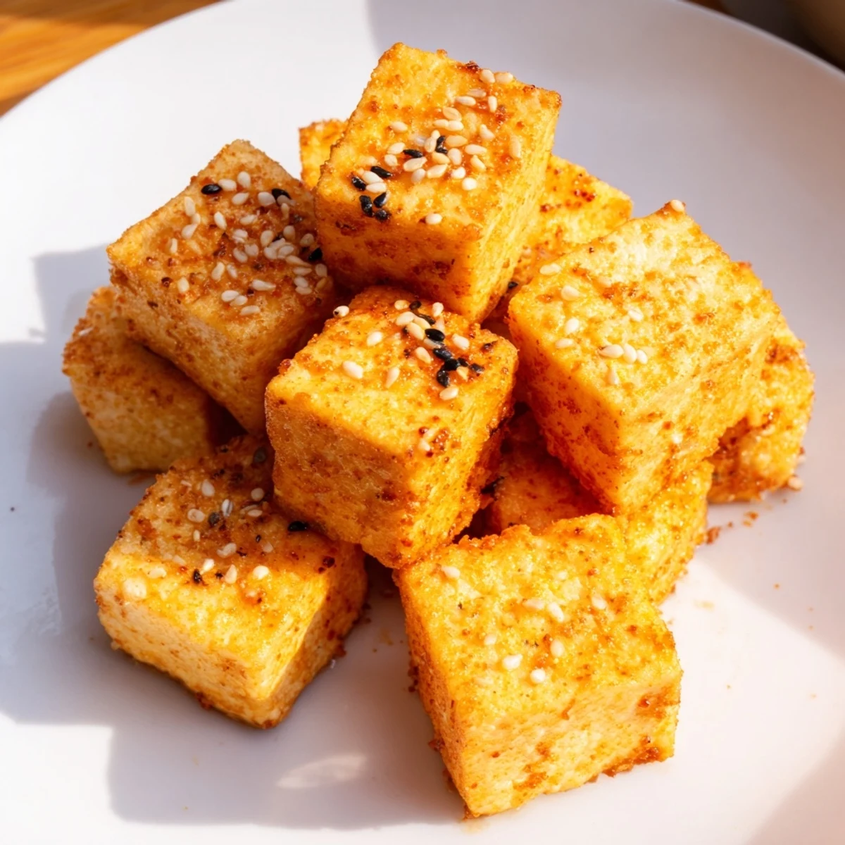 Golden, crispy air fryer tofu ready to serve, a delicious vegan appetizer with fantastic texture.