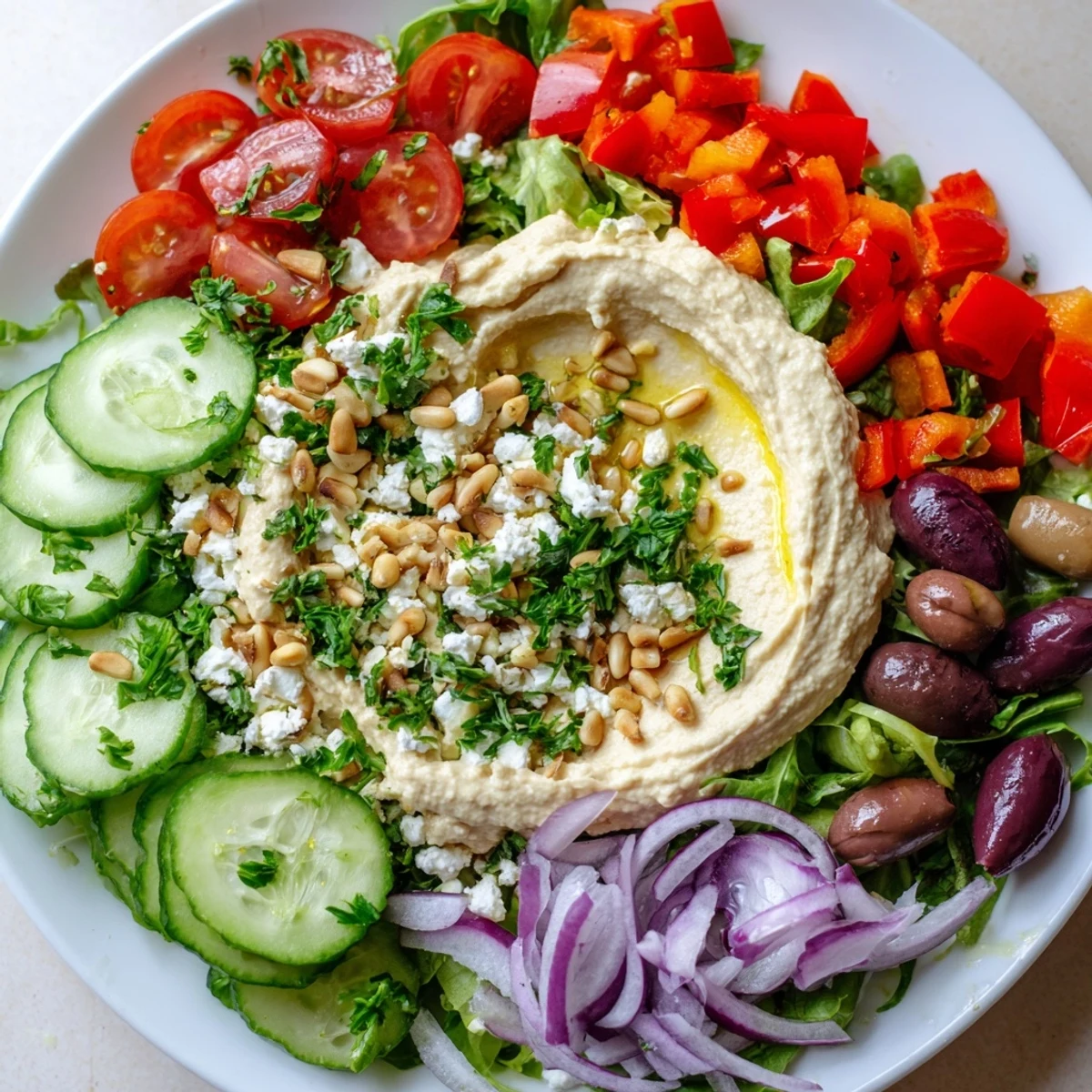 A colorful Mediterranean Salad with Hummus, a fresh vegetarian meal, ready to enjoy.