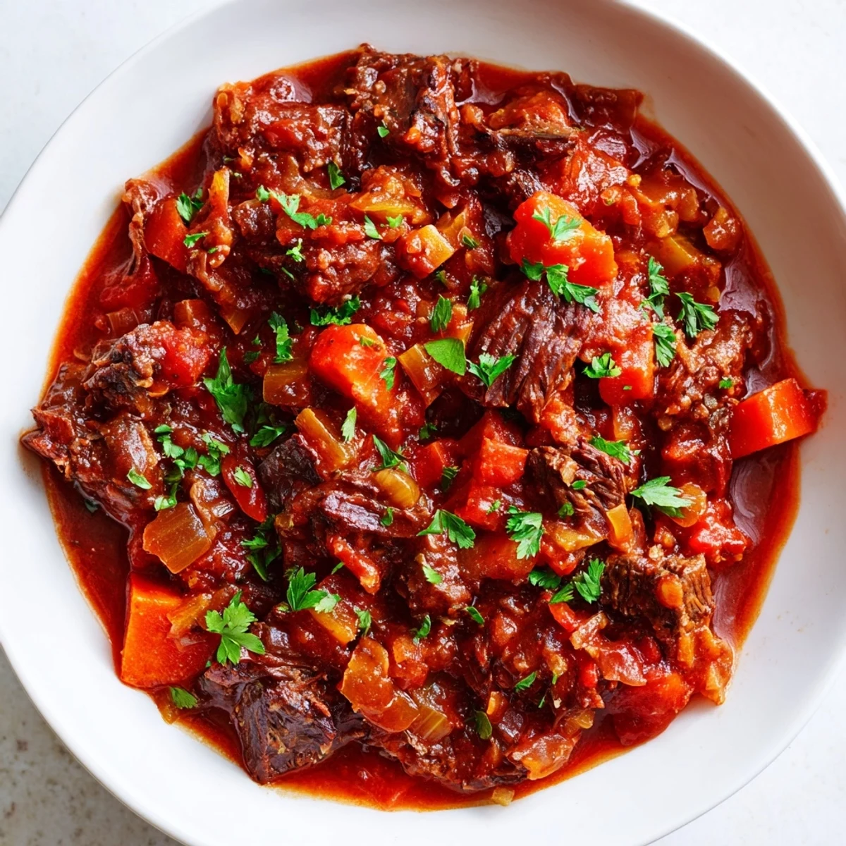 Slow cooker beef ragu, a hearty, flavorful Italian stew, perfect over pasta, simmering gently.