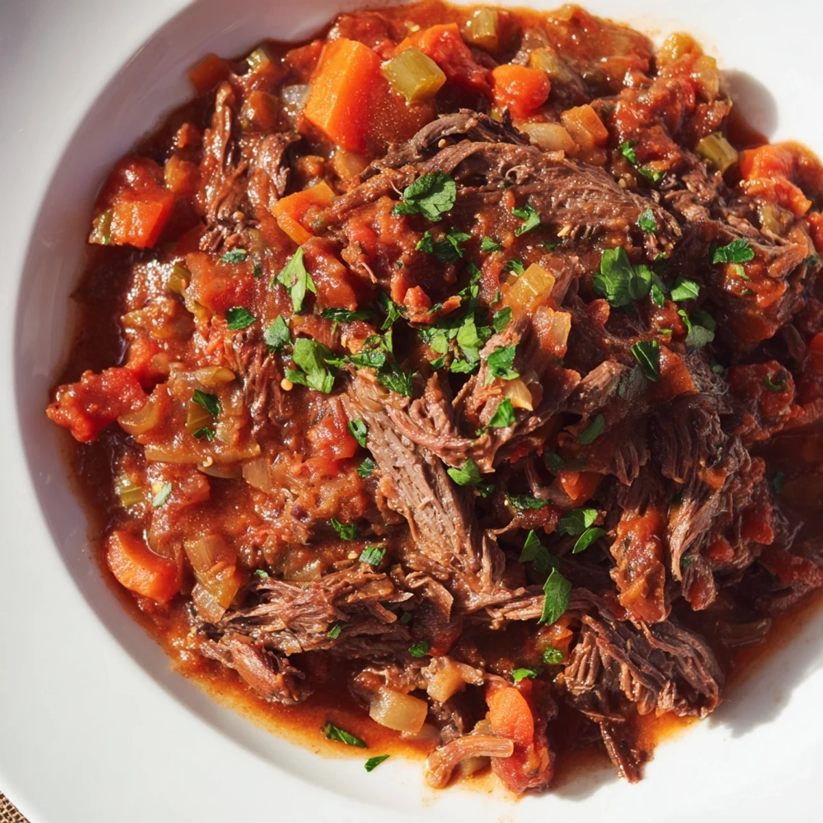 Close-up of slow cooker beef ragu, offering the aroma of perfectly seasoned Italian comfort food.