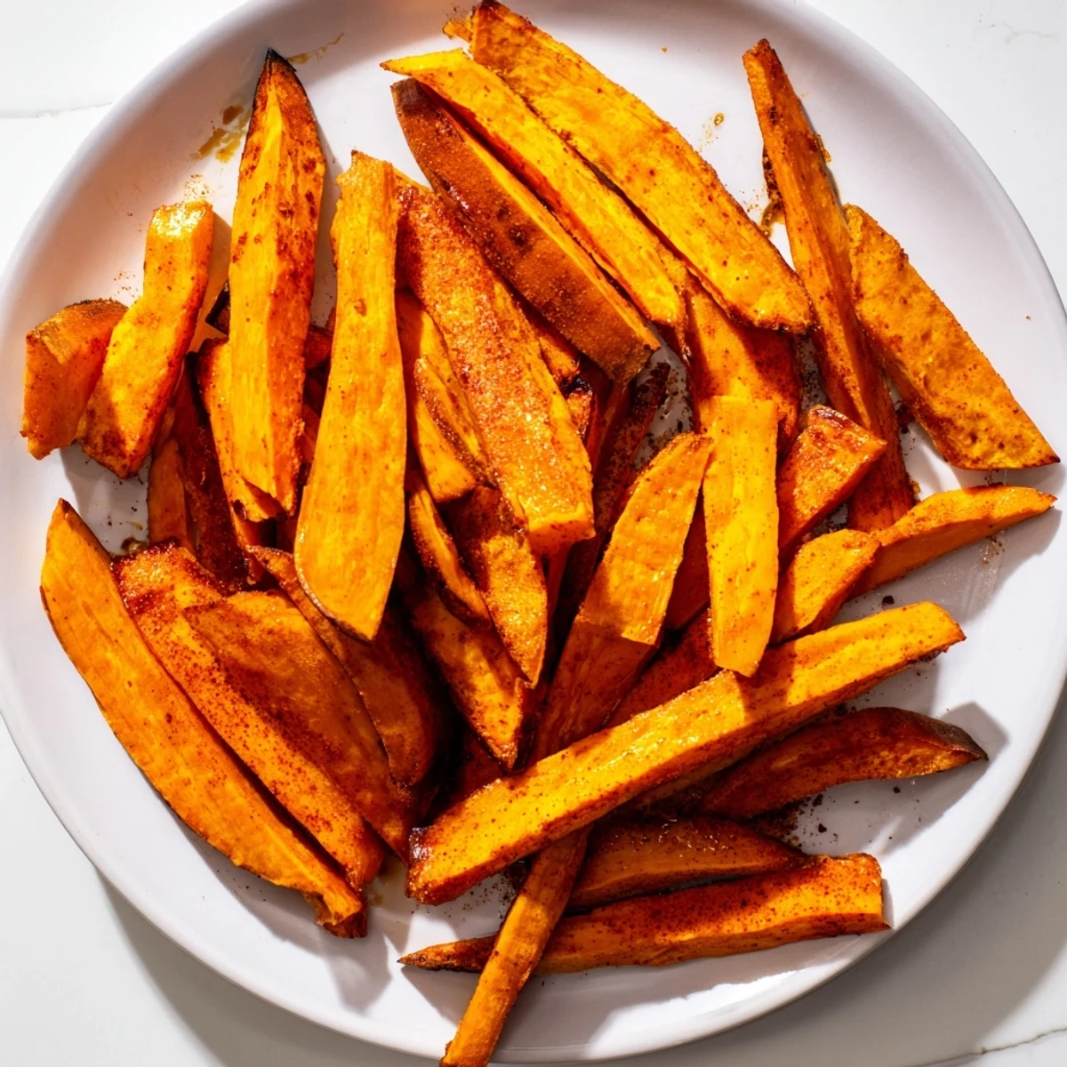 A beautiful close-up of piping hot Roasted Sweet Potato Fries, seasoned and ready to eat!