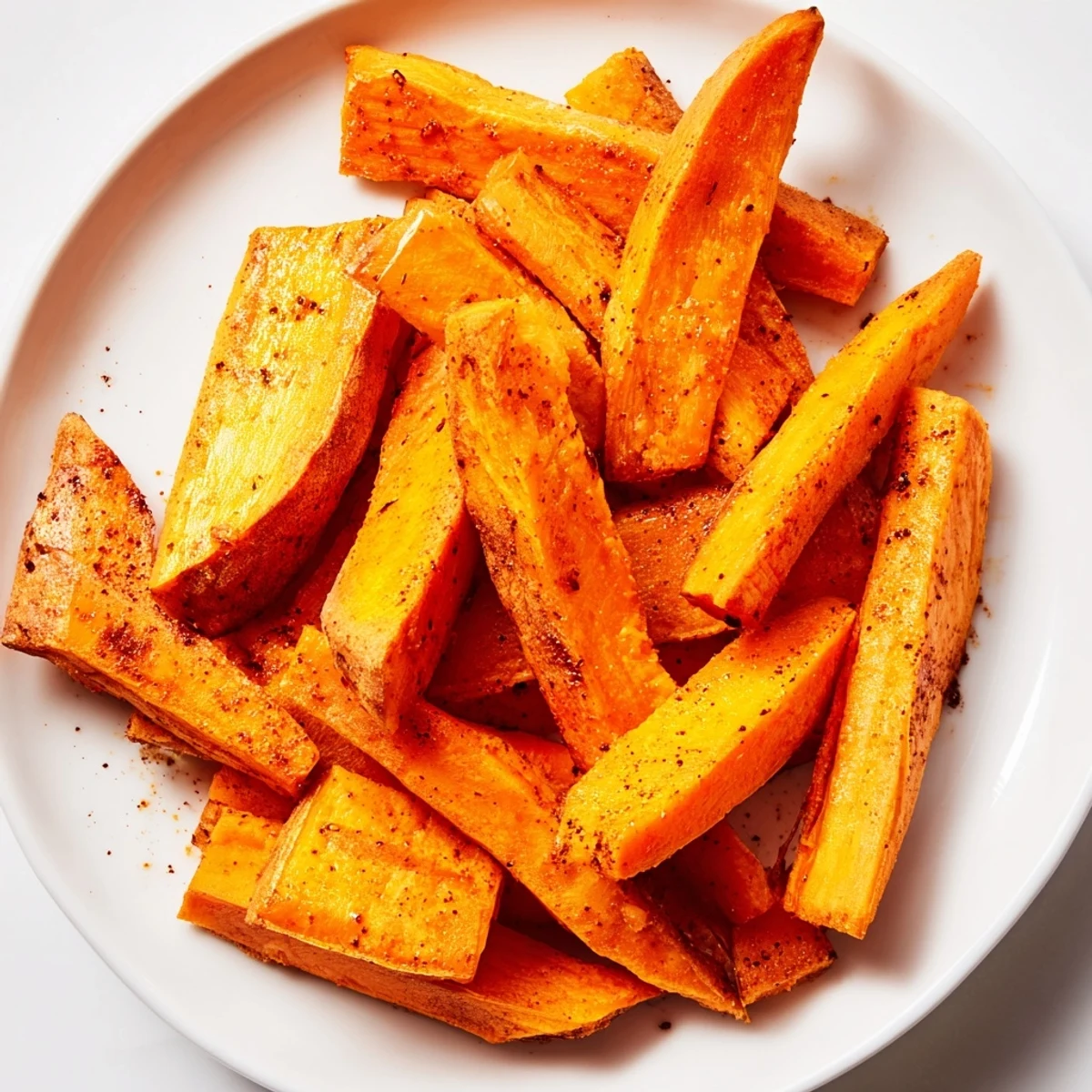 Pile of flavorful Roasted Sweet Potato Fries with hints of paprika; a perfect side.
